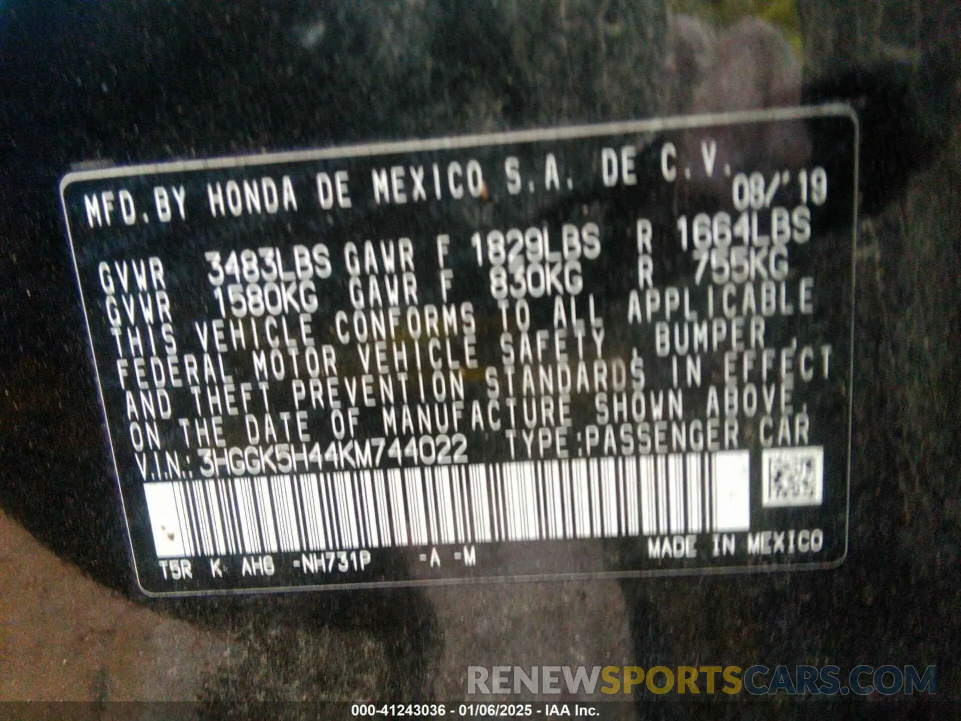 9 fotografías del automóvil dañado 3HGGK5H44KM744022 HONDA FIT 2019