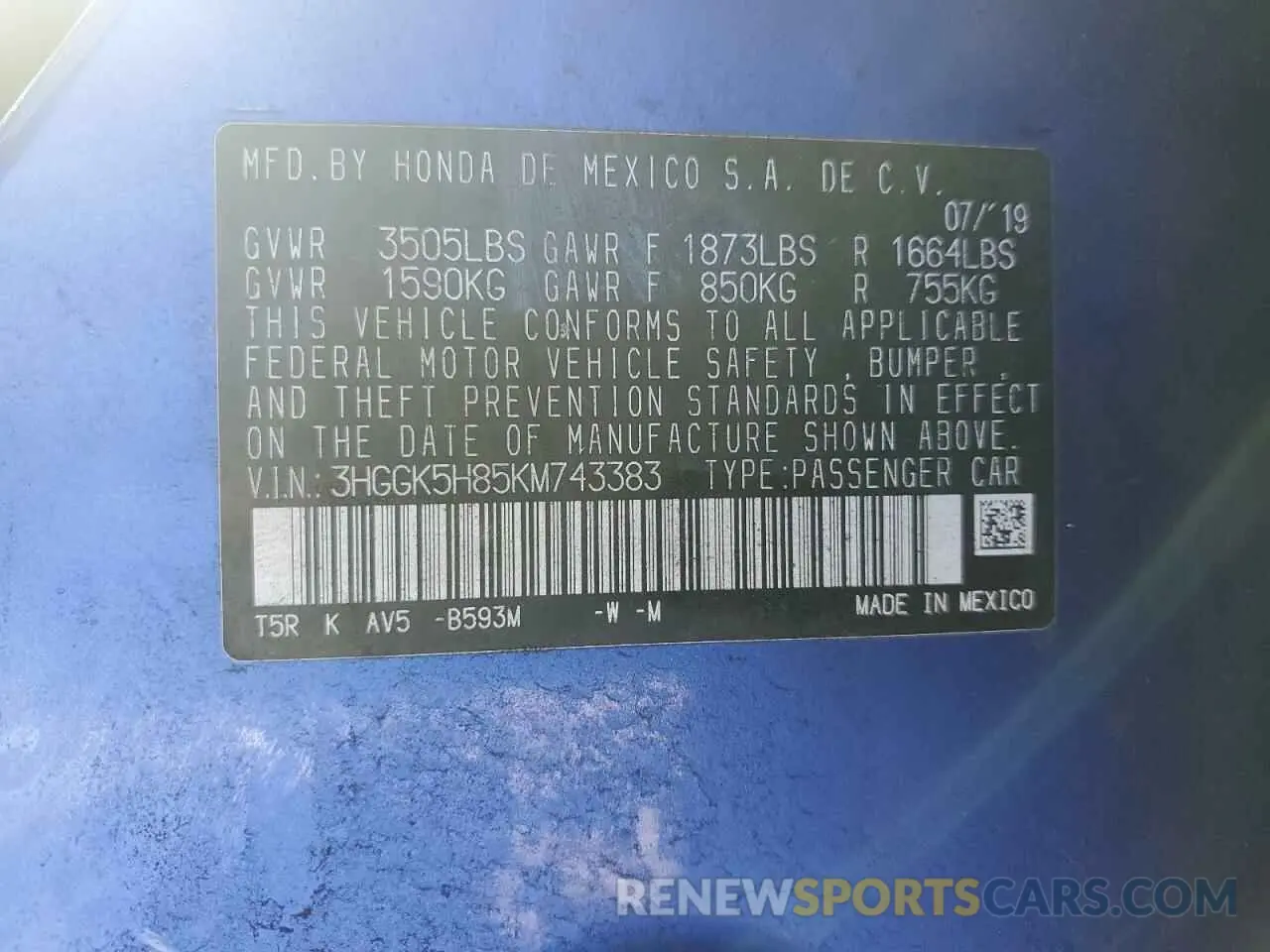 12 fotografías del automóvil dañado 3HGGK5H85KM743383 HONDA FIT 2019