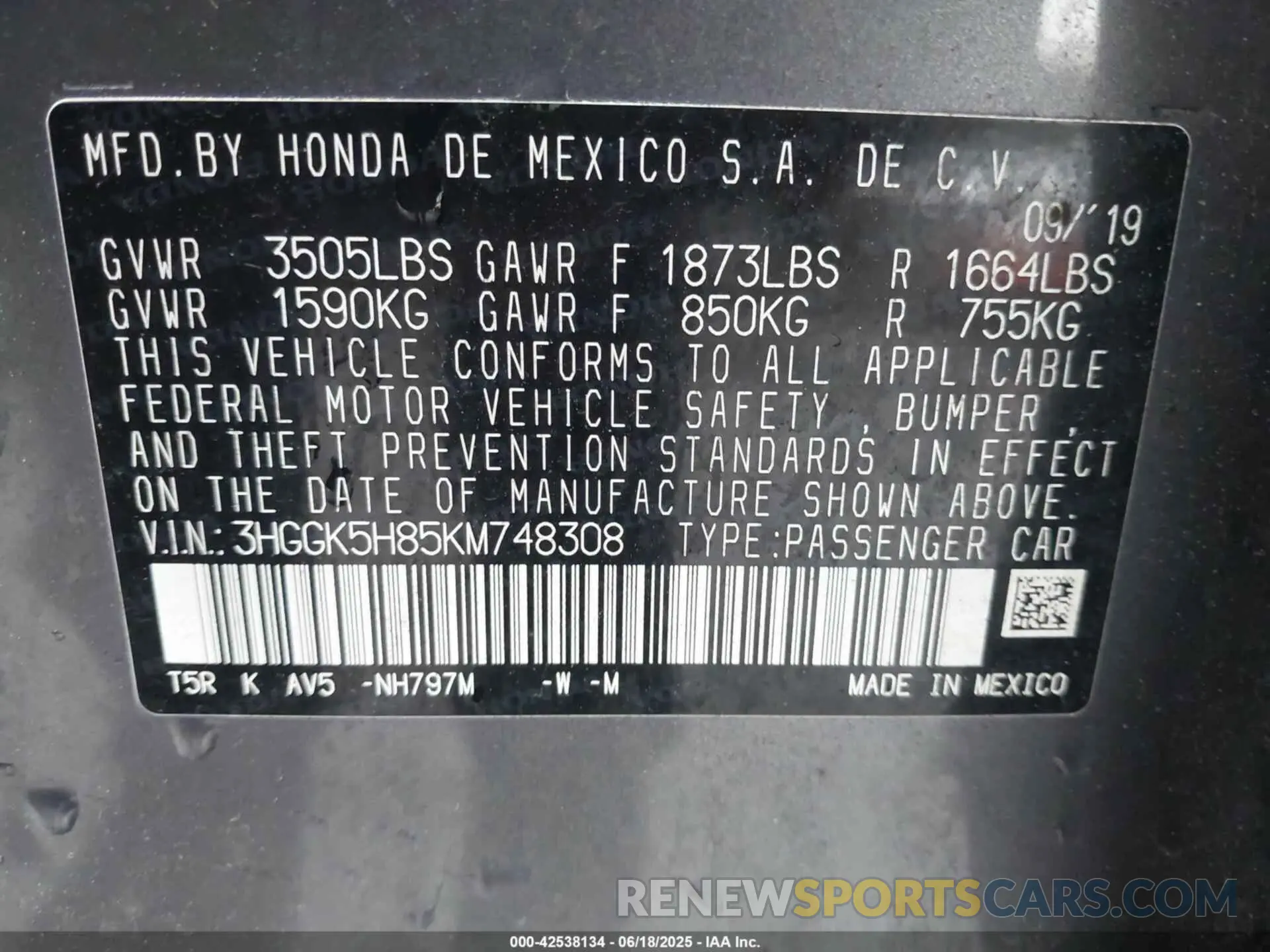 9 fotografías del automóvil dañado 3HGGK5H85KM748308 HONDA FIT 2019