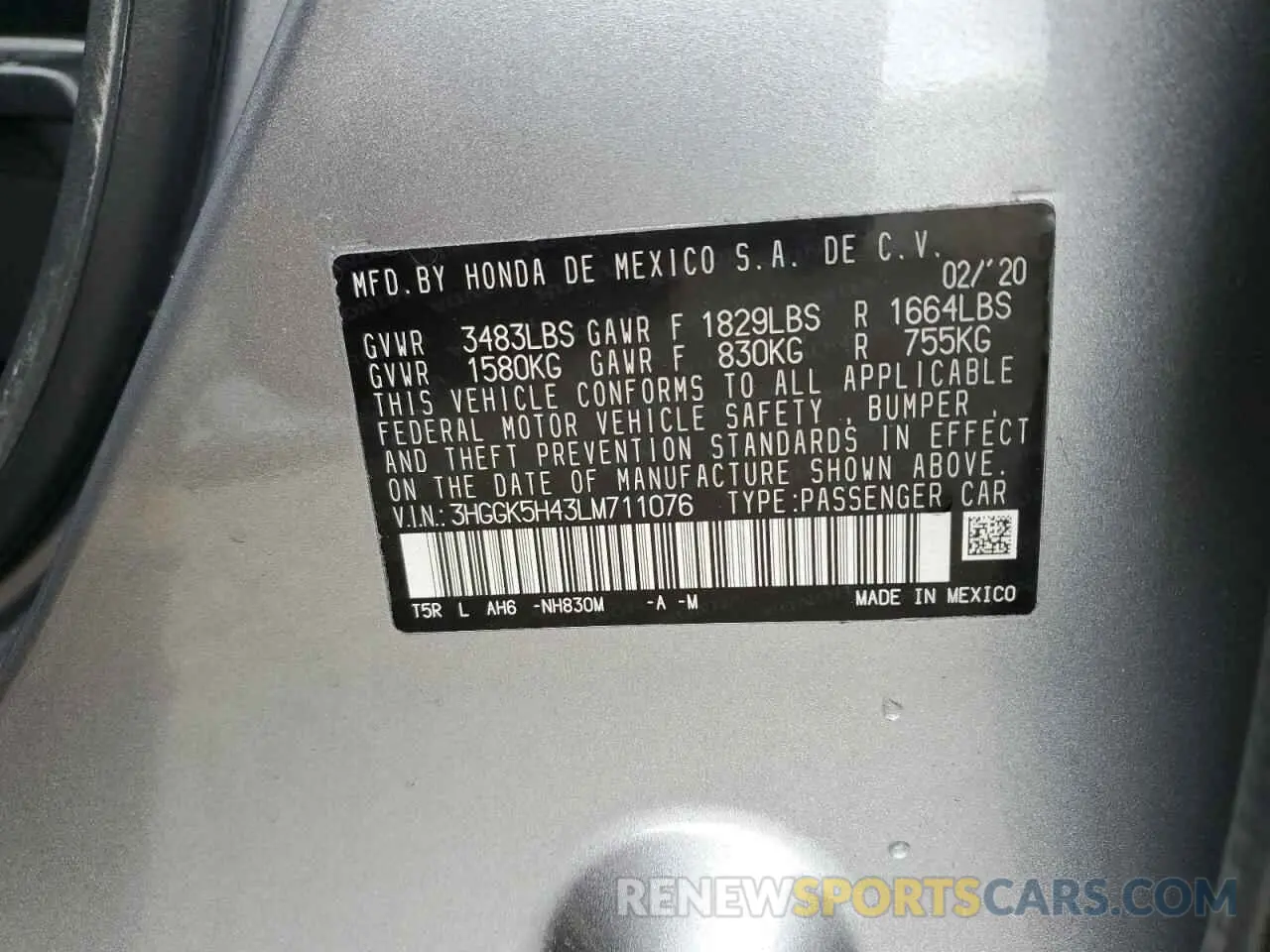 12 fotografías del automóvil dañado 3HGGK5H43LM711076 HONDA FIT 2020