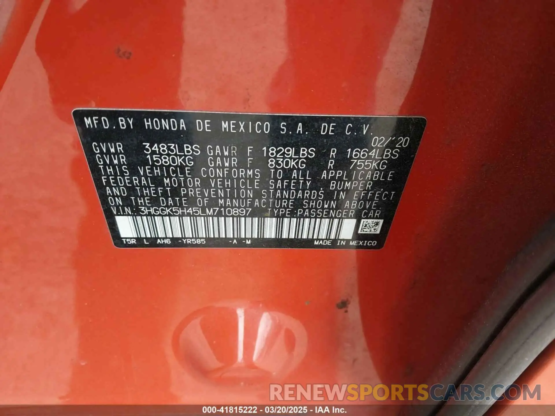 9 fotografías del automóvil dañado 3HGGK5H45LM710897 HONDA FIT 2020