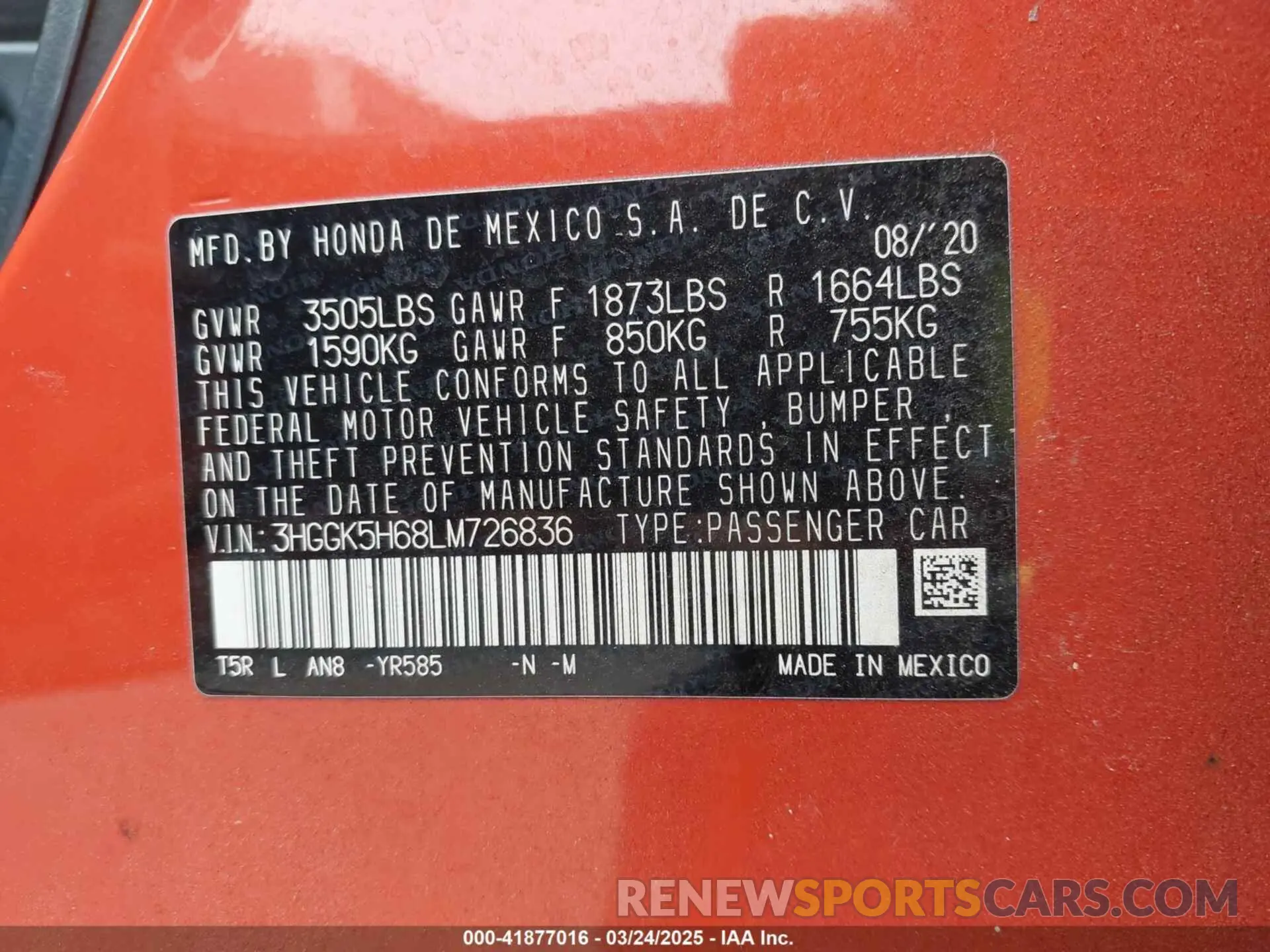 9 fotografías del automóvil dañado 3HGGK5H68LM726836 HONDA FIT 2020