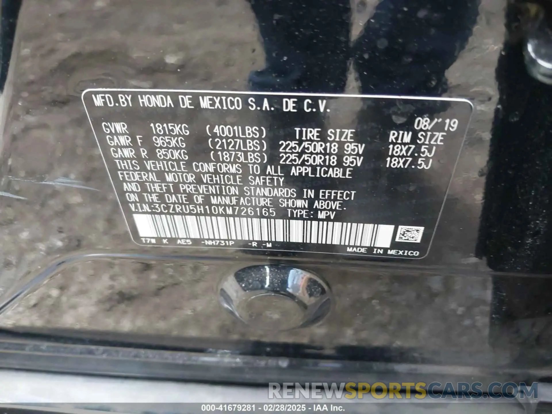 9 fotografías del automóvil dañado 3CZRU5H10KM726165 HONDA HR-V 2019
