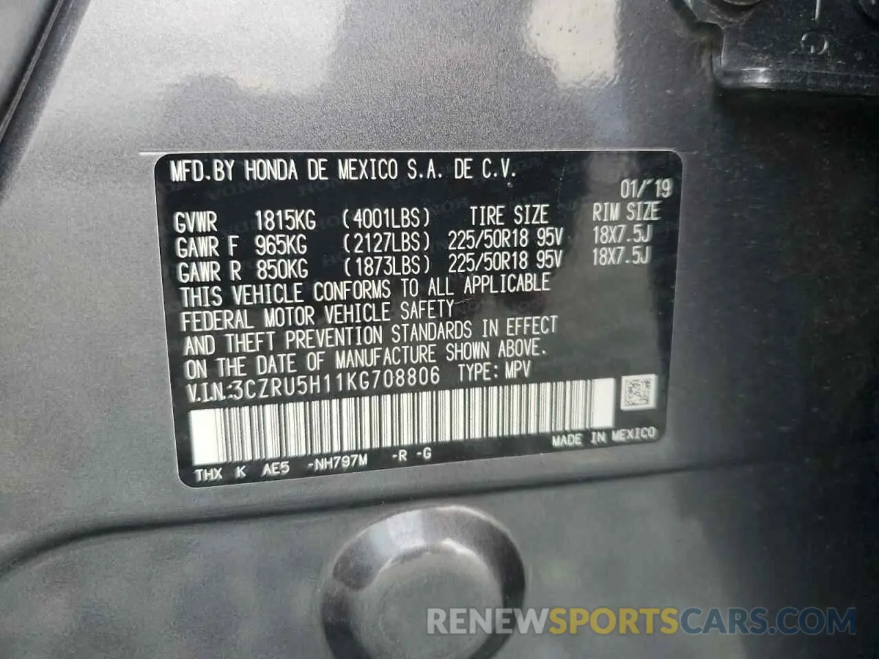 12 fotografías del automóvil dañado 3CZRU5H11KG708806 HONDA HR-V 2019