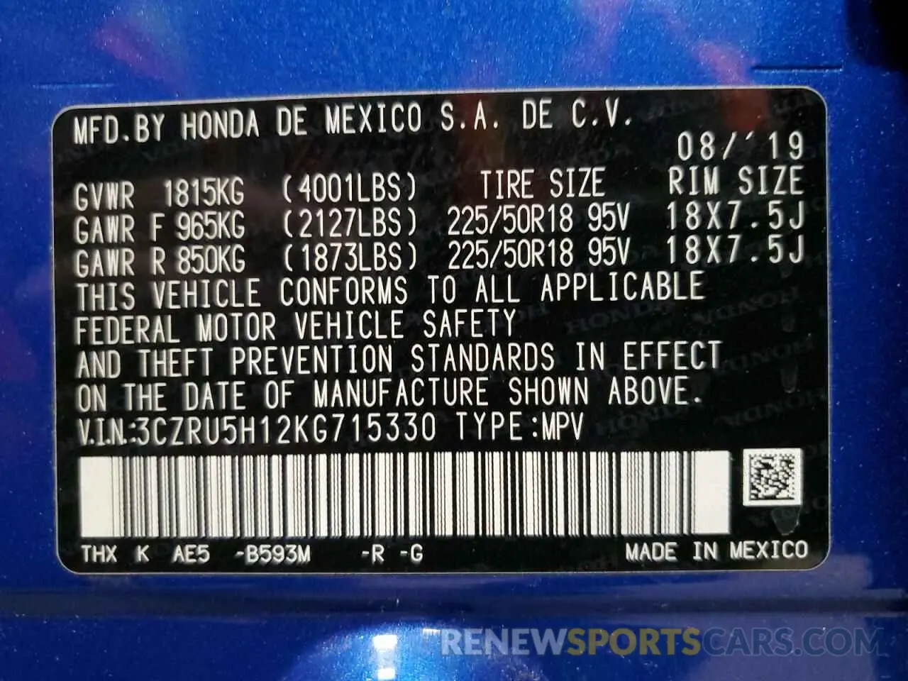 13 fotografías del automóvil dañado 3CZRU5H12KG715330 HONDA HR-V 2019