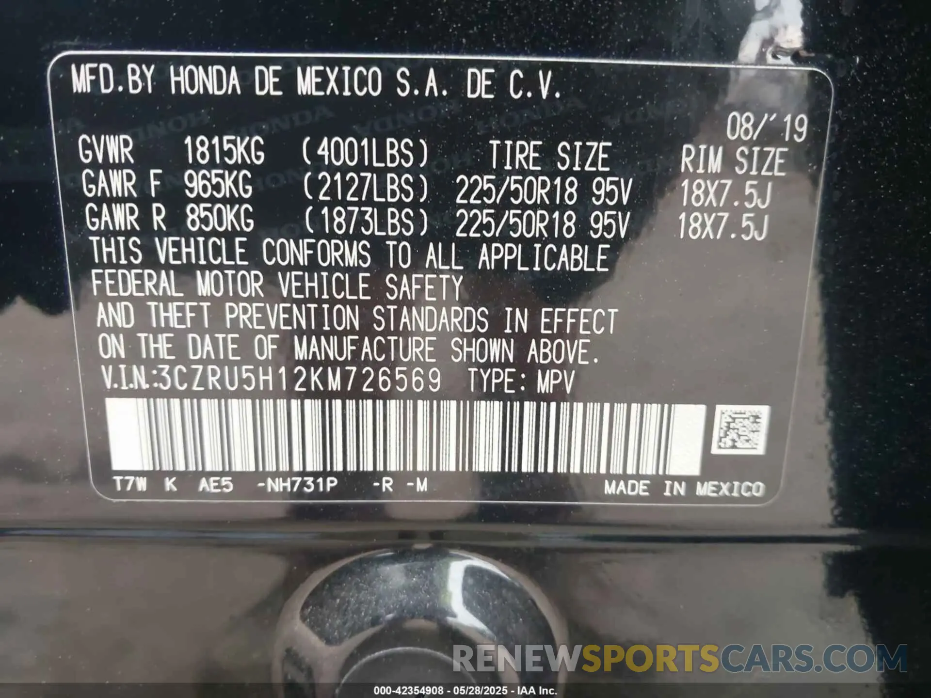 9 fotografías del automóvil dañado 3CZRU5H12KM726569 HONDA HR-V 2019