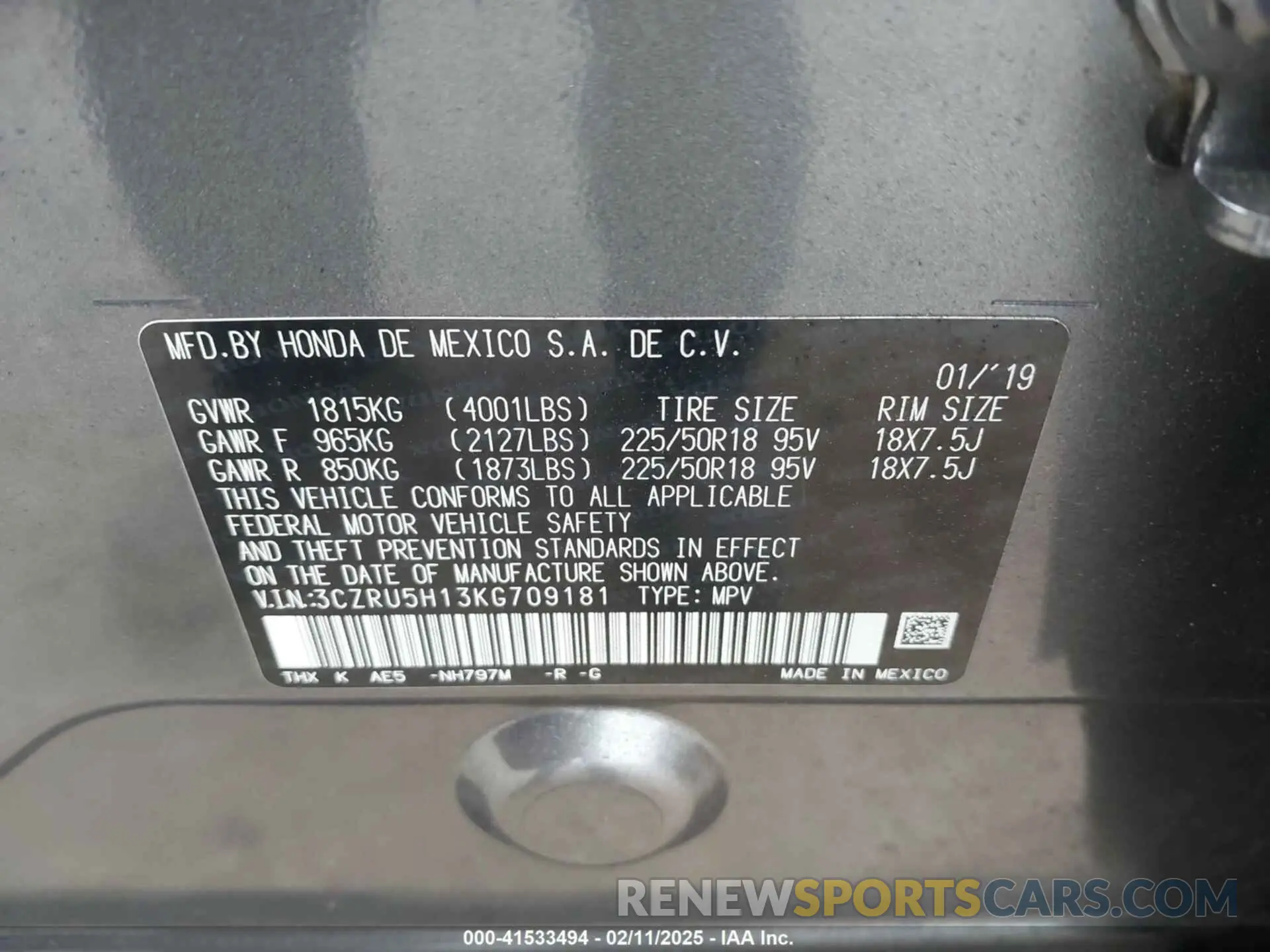 9 fotografías del automóvil dañado 3CZRU5H13KG709181 HONDA HR-V 2019