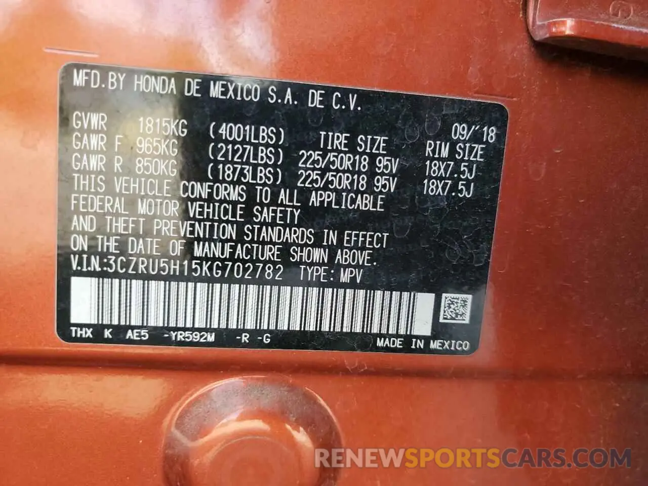 13 fotografías del automóvil dañado 3CZRU5H15KG702782 HONDA HR-V 2019