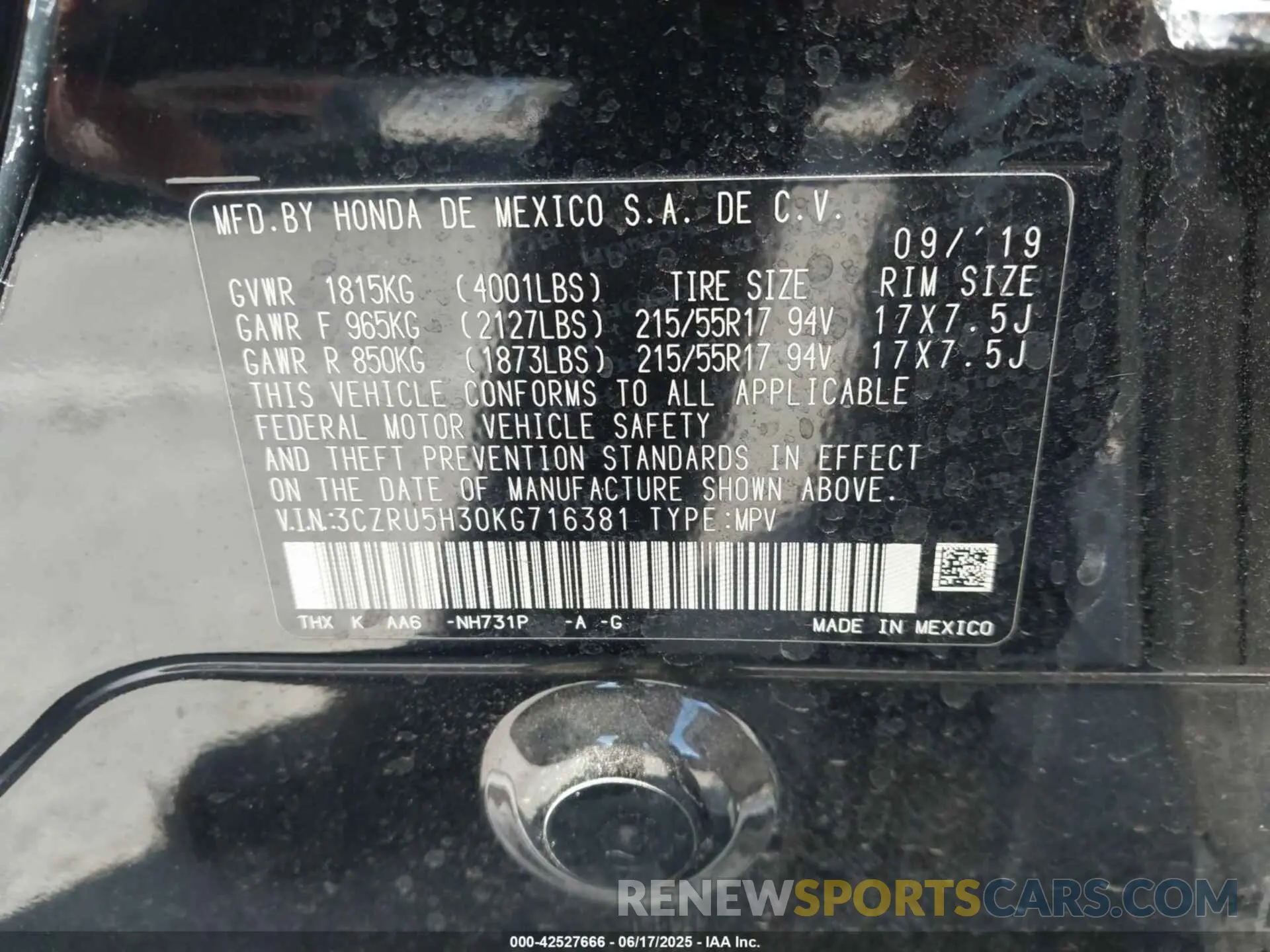 9 fotografías del automóvil dañado 3CZRU5H30KG716381 HONDA HR-V 2019