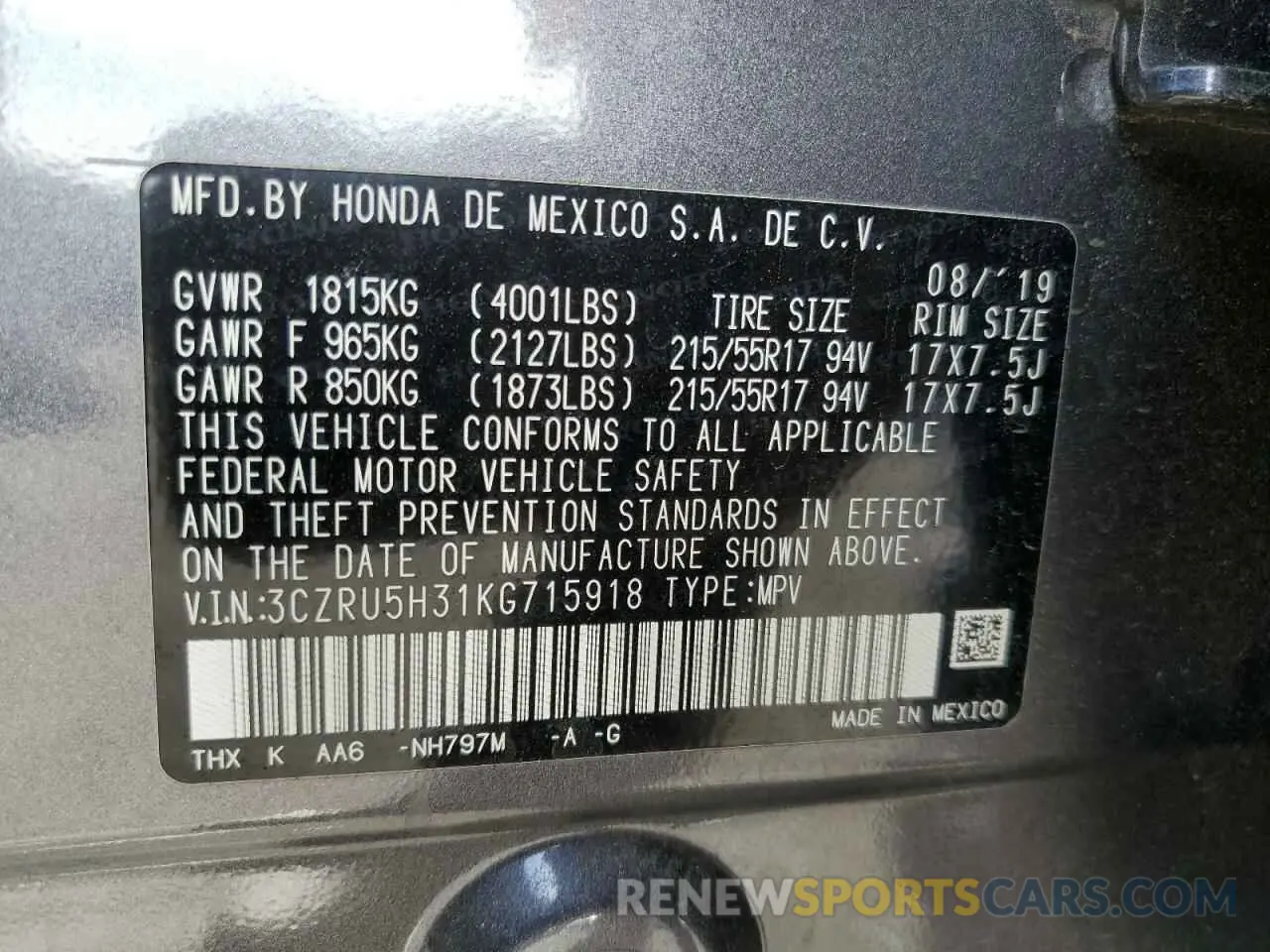 13 fotografías del automóvil dañado 3CZRU5H31KG715918 HONDA HR-V 2019
