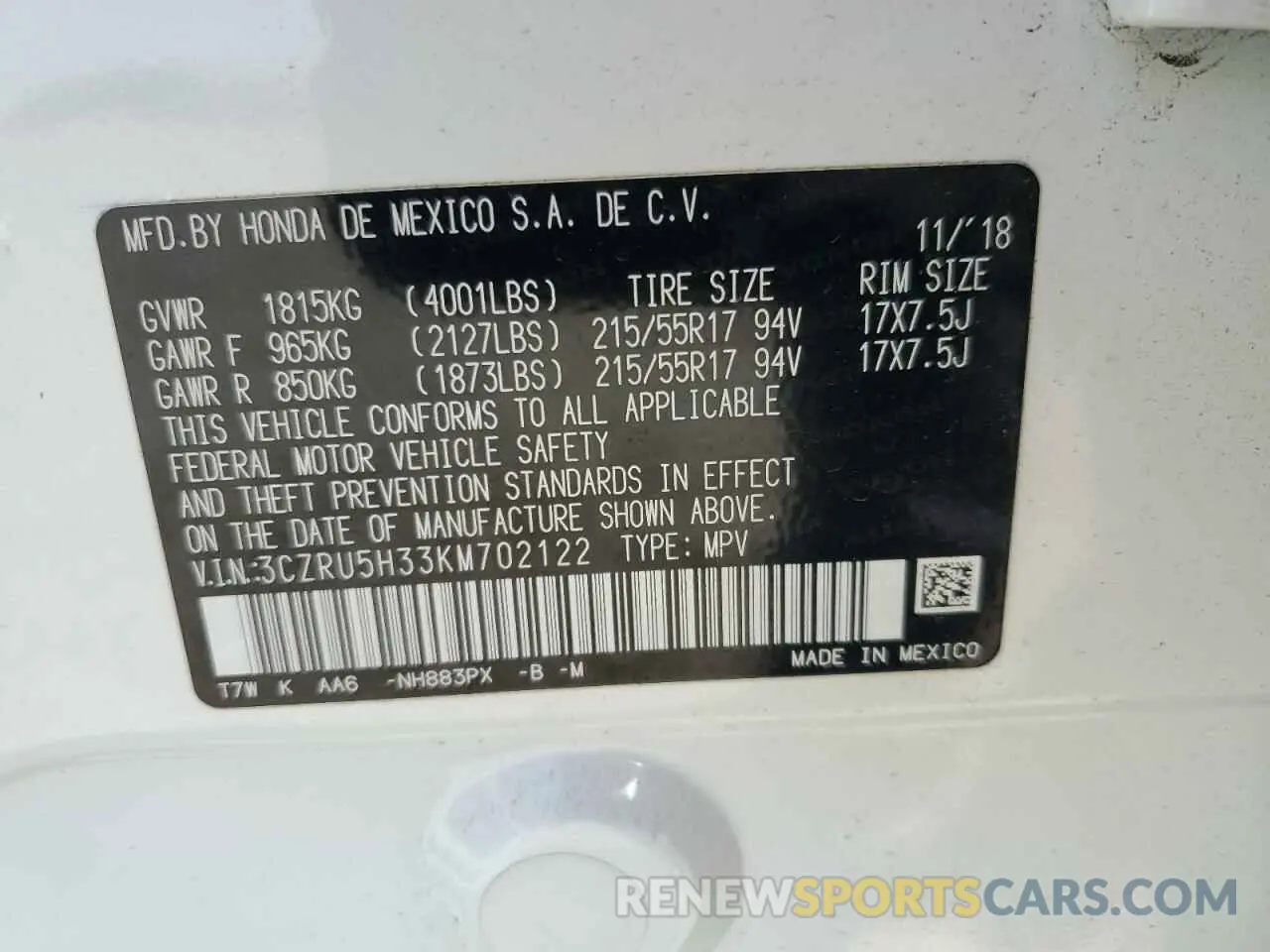 14 fotografías del automóvil dañado 3CZRU5H33KM702122 HONDA HR-V 2019