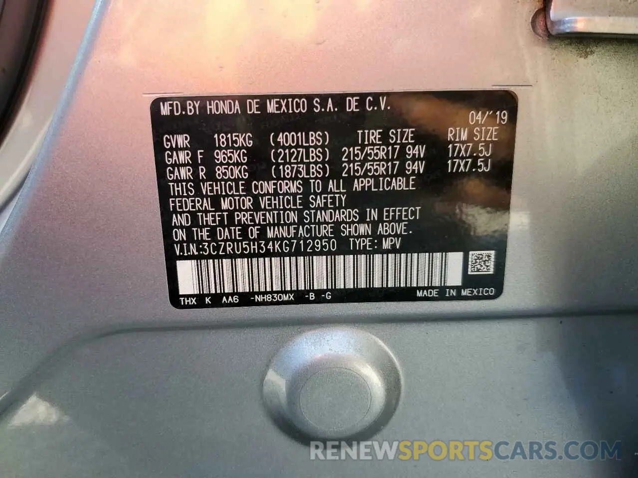 13 fotografías del automóvil dañado 3CZRU5H34KG712950 HONDA HR-V 2019