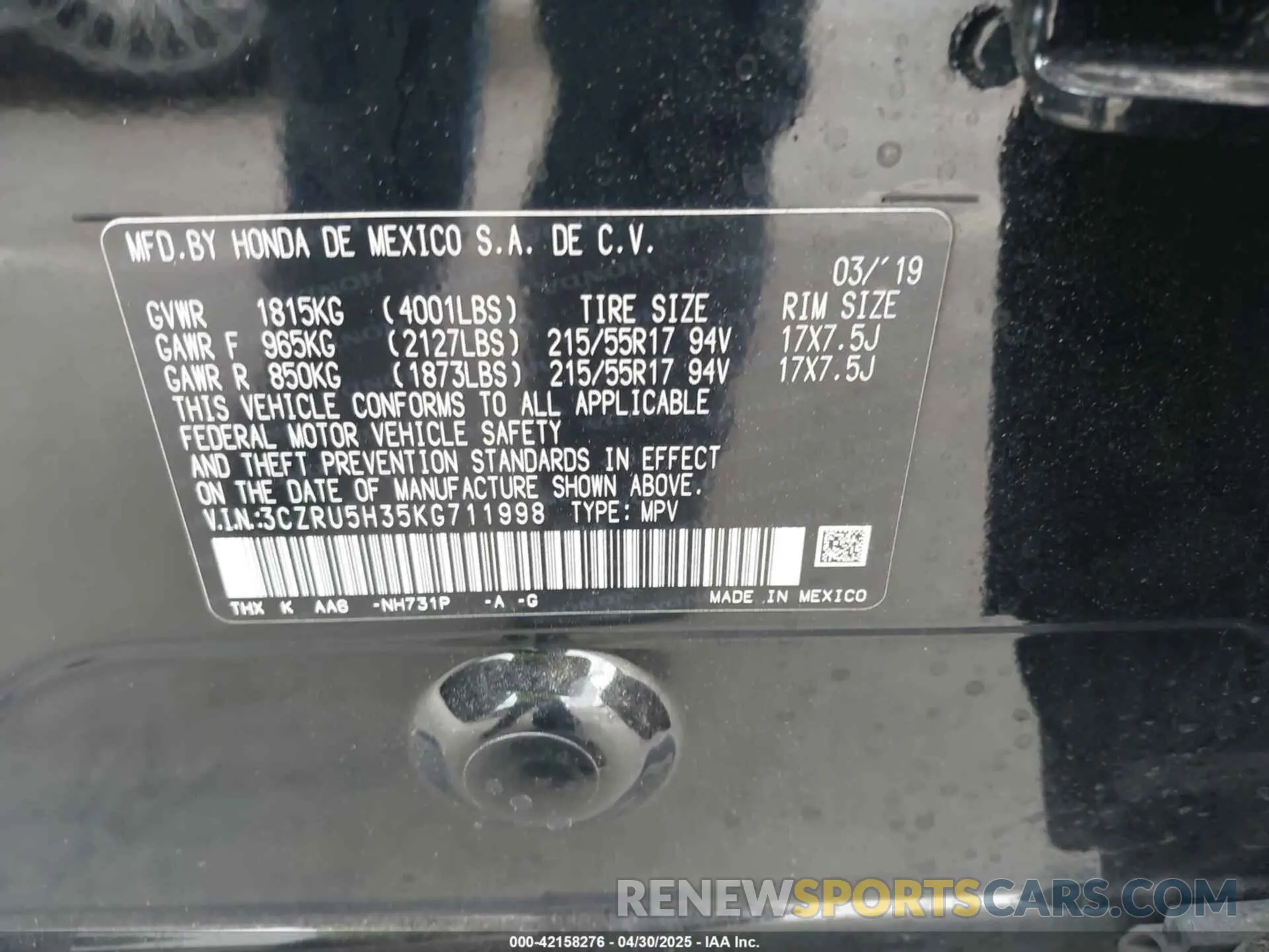 9 fotografías del automóvil dañado 3CZRU5H35KG711998 HONDA HR-V 2019