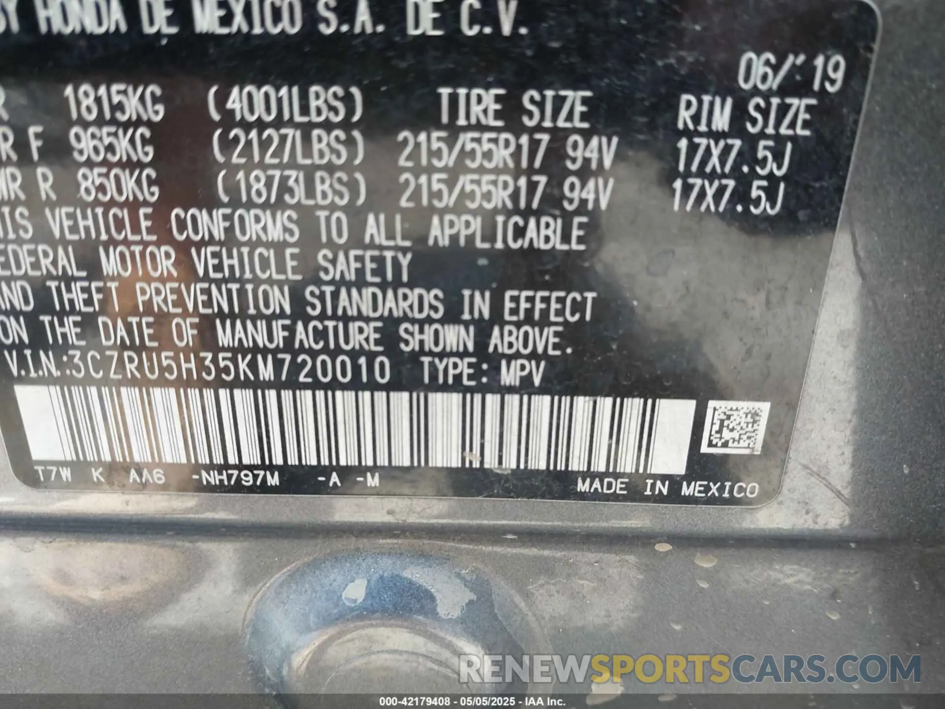 9 fotografías del automóvil dañado 3CZRU5H35KM720010 HONDA HR-V 2019