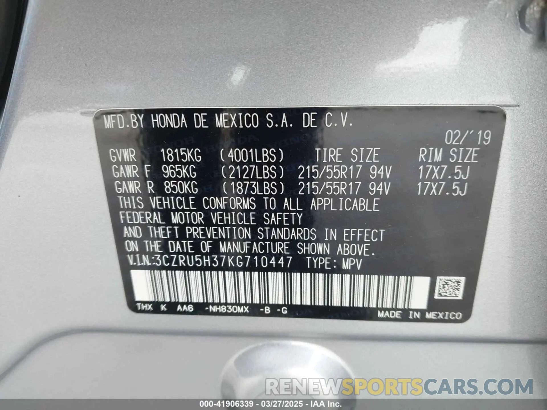 9 fotografías del automóvil dañado 3CZRU5H37KG710447 HONDA HR-V 2019