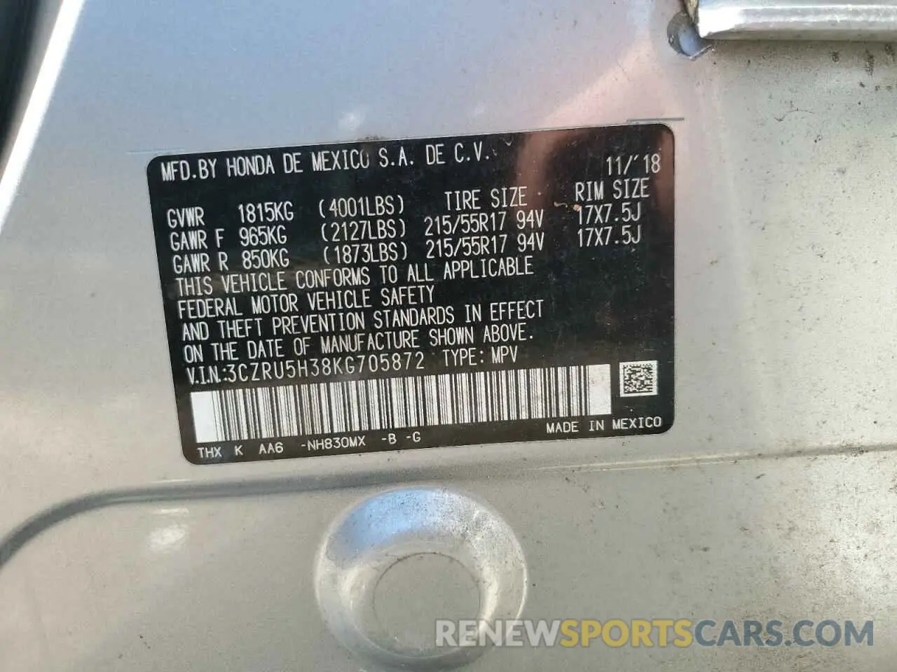 12 fotografías del automóvil dañado 3CZRU5H38KG705872 HONDA HR-V 2019