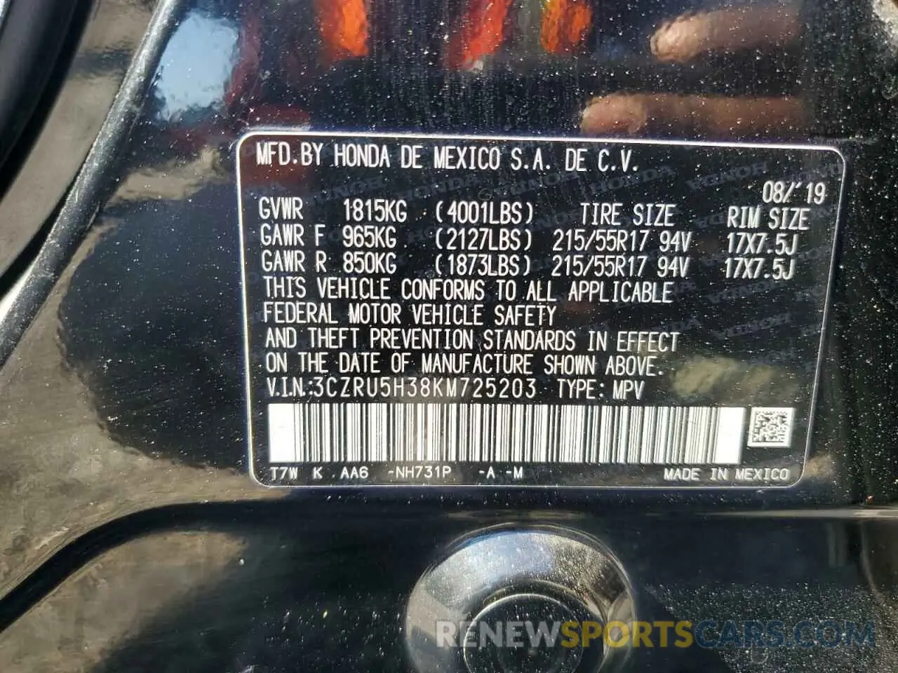 15 fotografías del automóvil dañado 3CZRU5H38KM725203 HONDA HR-V 2019