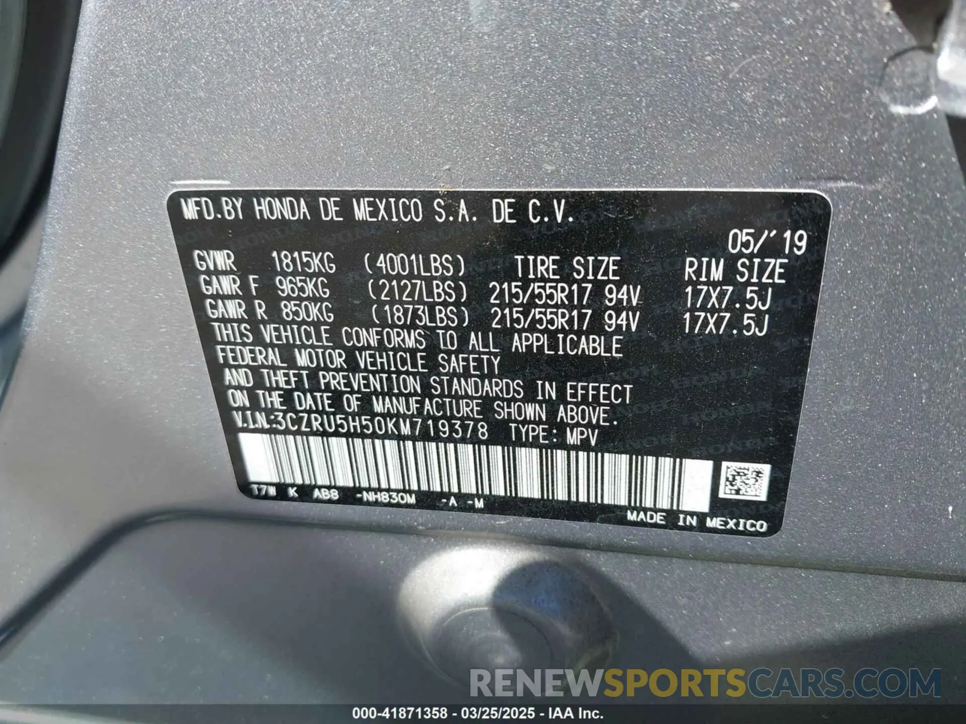 9 fotografías del automóvil dañado 3CZRU5H50KM719378 HONDA HR-V 2019