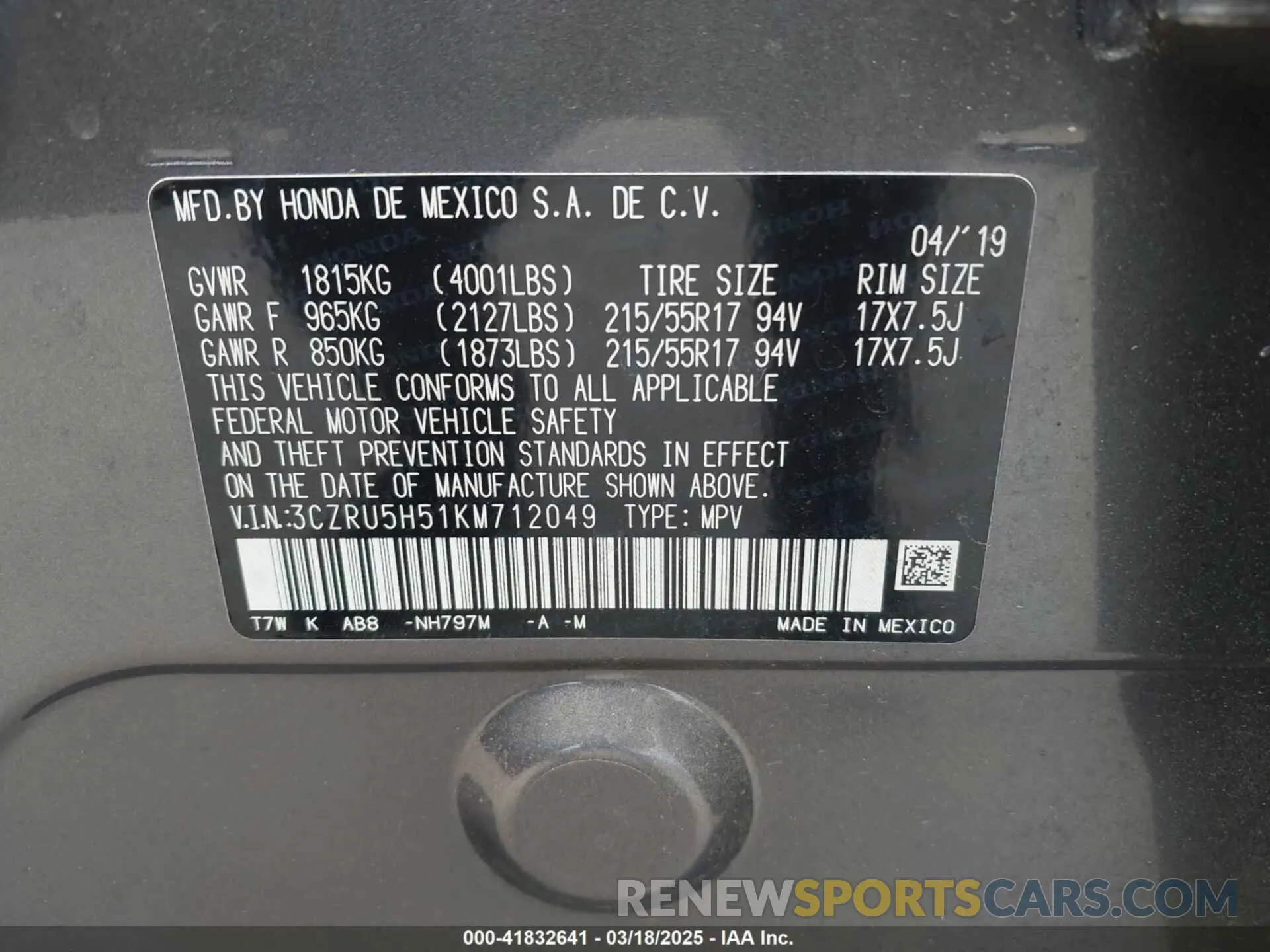 9 fotografías del automóvil dañado 3CZRU5H51KM712049 HONDA HR-V 2019