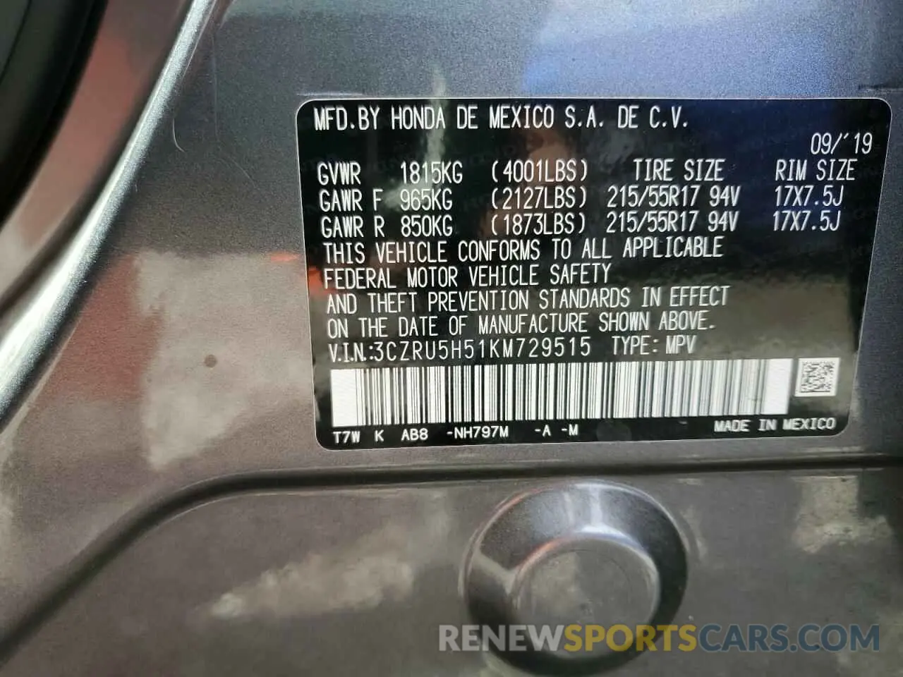 14 fotografías del automóvil dañado 3CZRU5H51KM729515 HONDA HR-V 2019