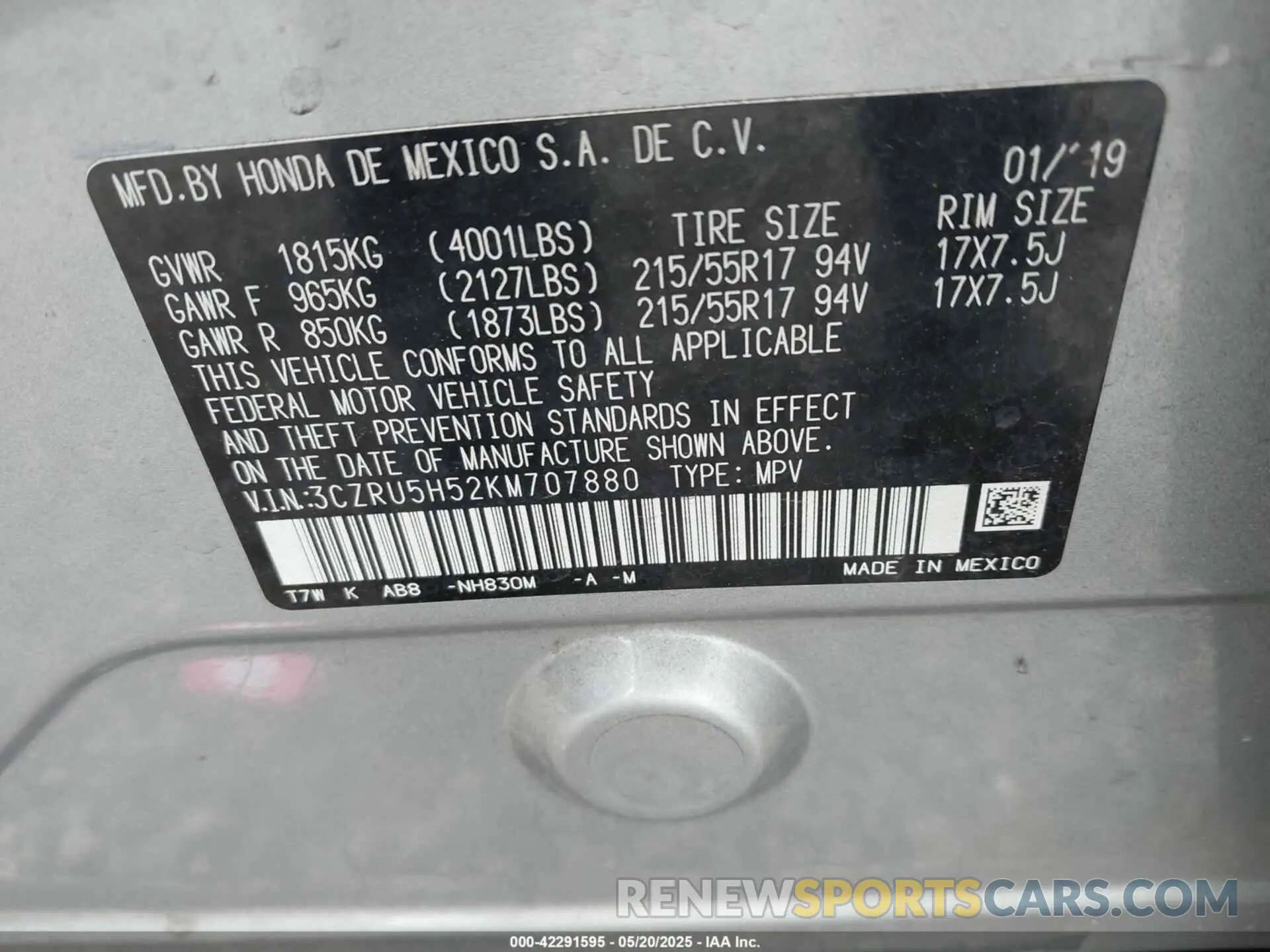 9 fotografías del automóvil dañado 3CZRU5H52KM707880 HONDA HR-V 2019