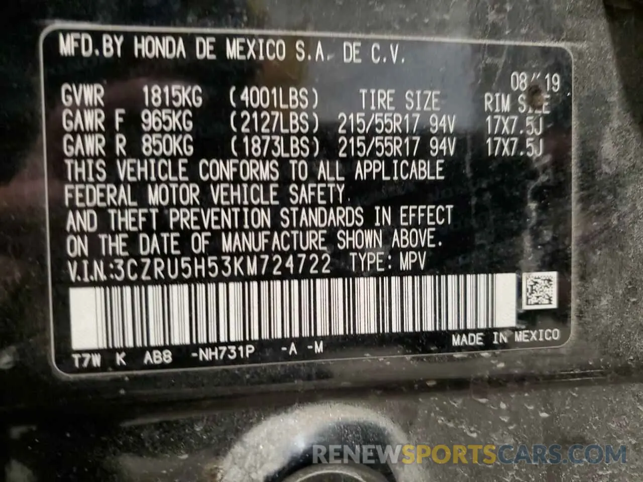 13 fotografías del automóvil dañado 3CZRU5H53KM724722 HONDA HR-V 2019