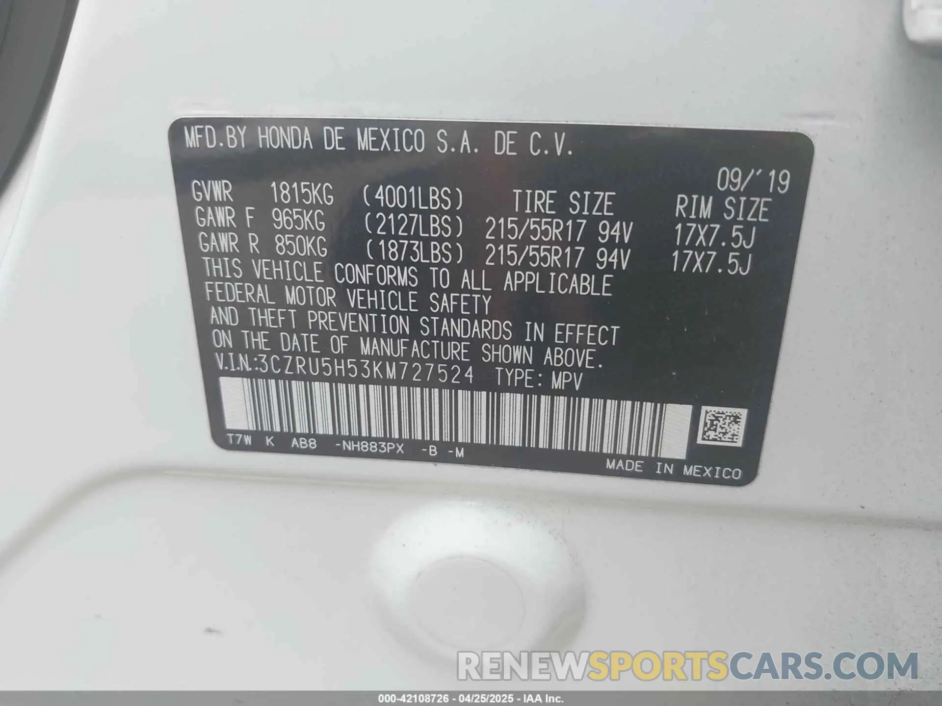 9 fotografías del automóvil dañado 3CZRU5H53KM727524 HONDA HR-V 2019
