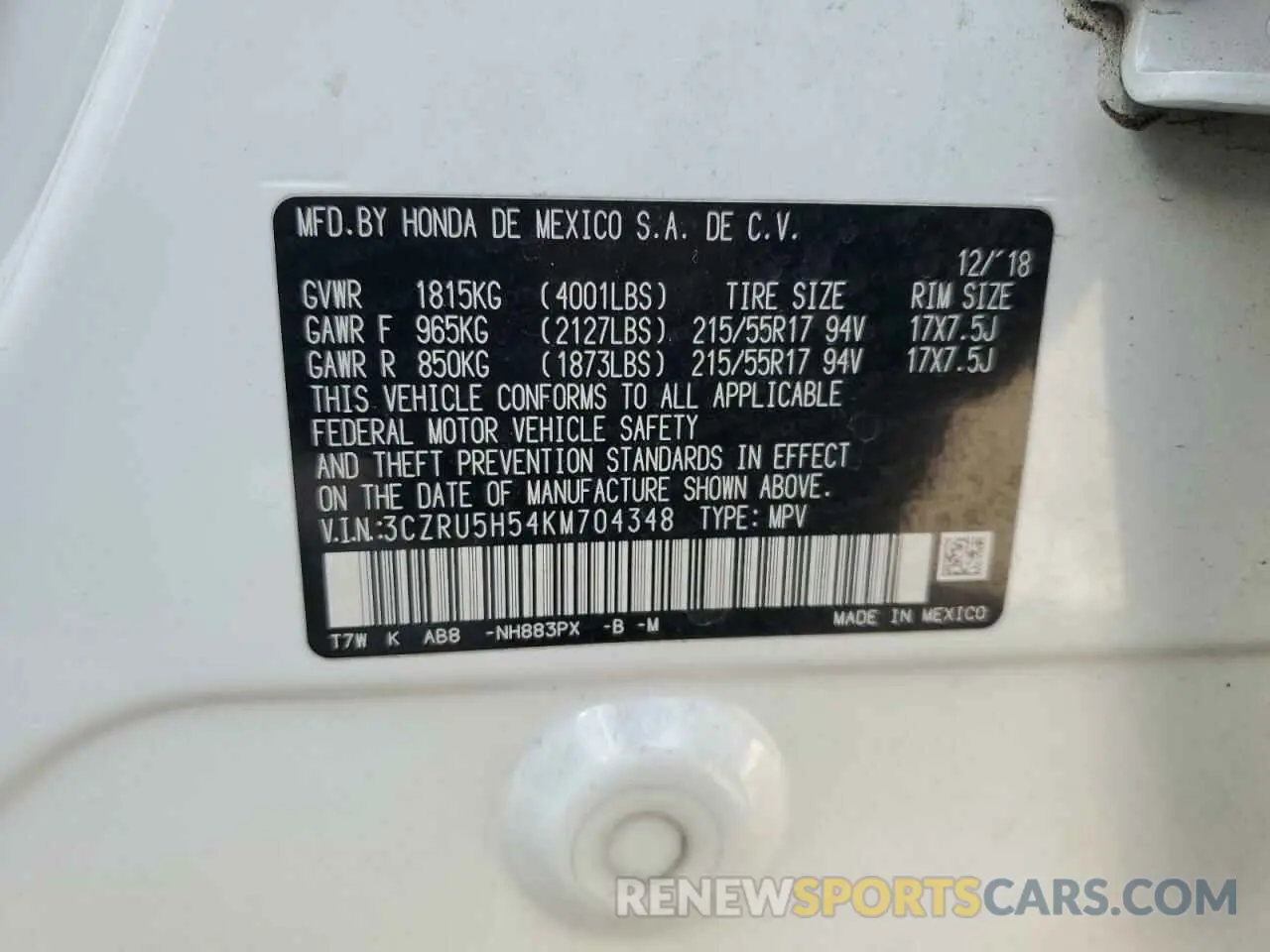 15 fotografías del automóvil dañado 3CZRU5H54KM704348 HONDA HR-V 2019