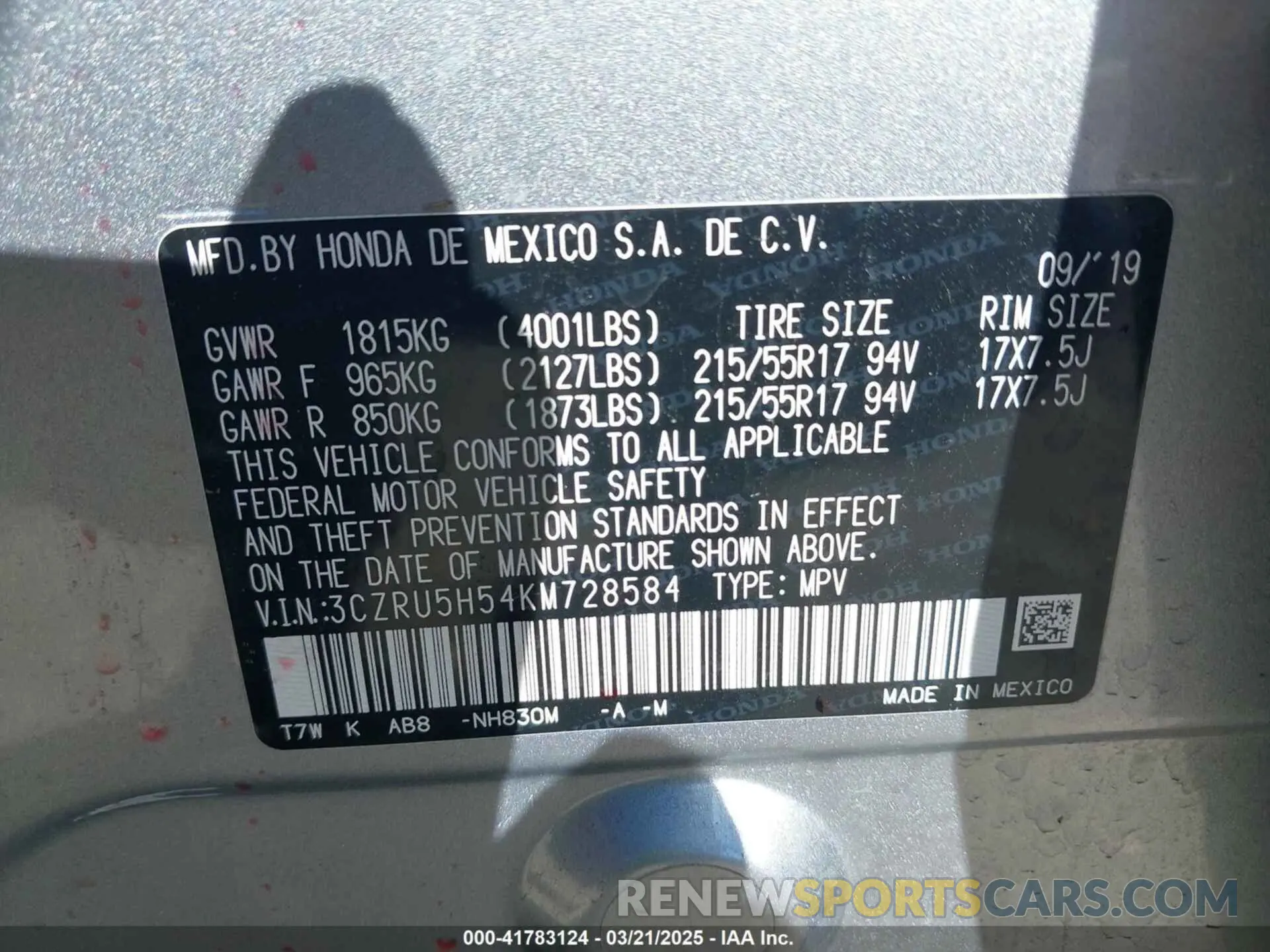 9 fotografías del automóvil dañado 3CZRU5H54KM728584 HONDA HR-V 2019