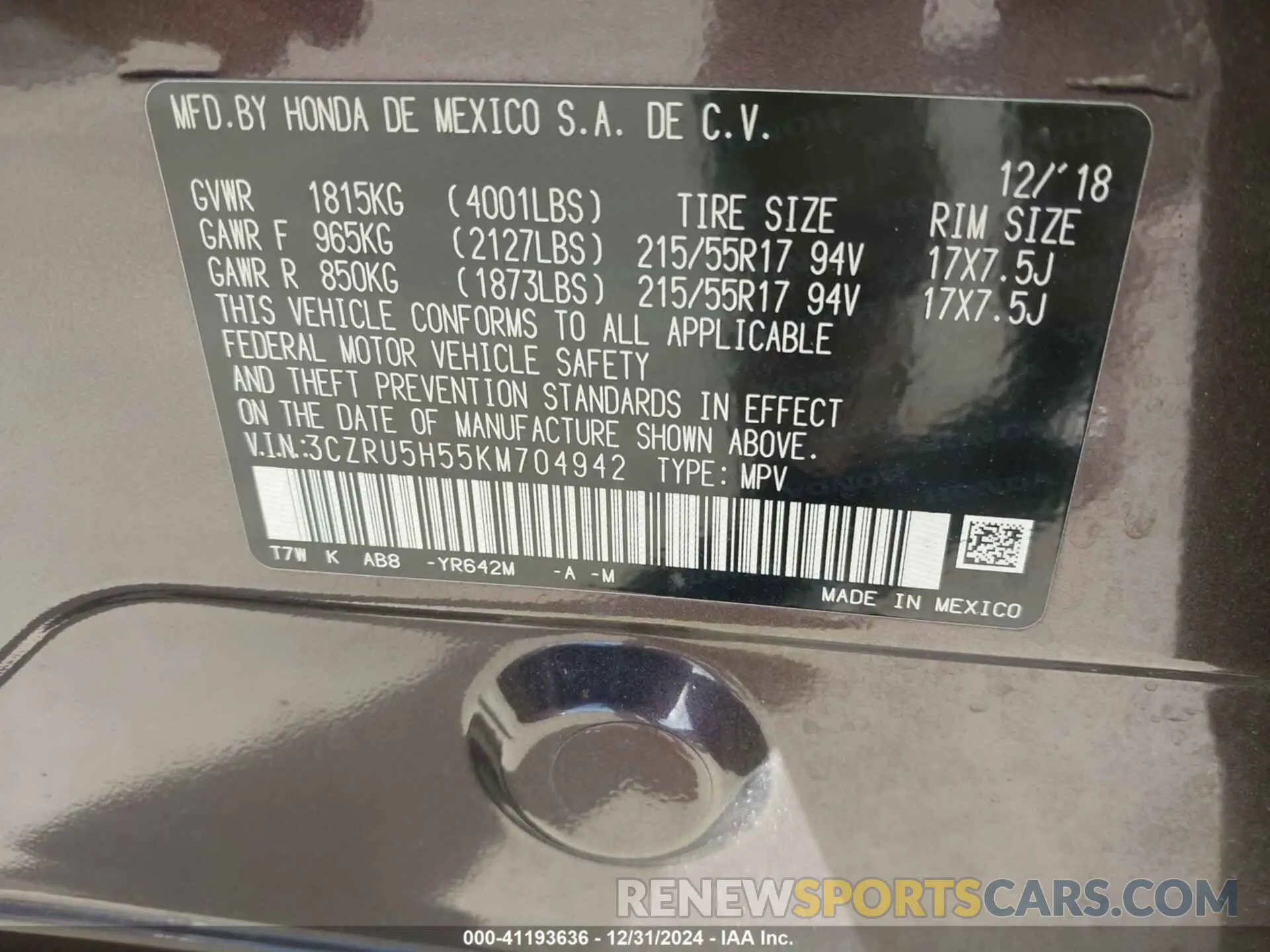9 fotografías del automóvil dañado 3CZRU5H55KM704942 HONDA HR-V 2019