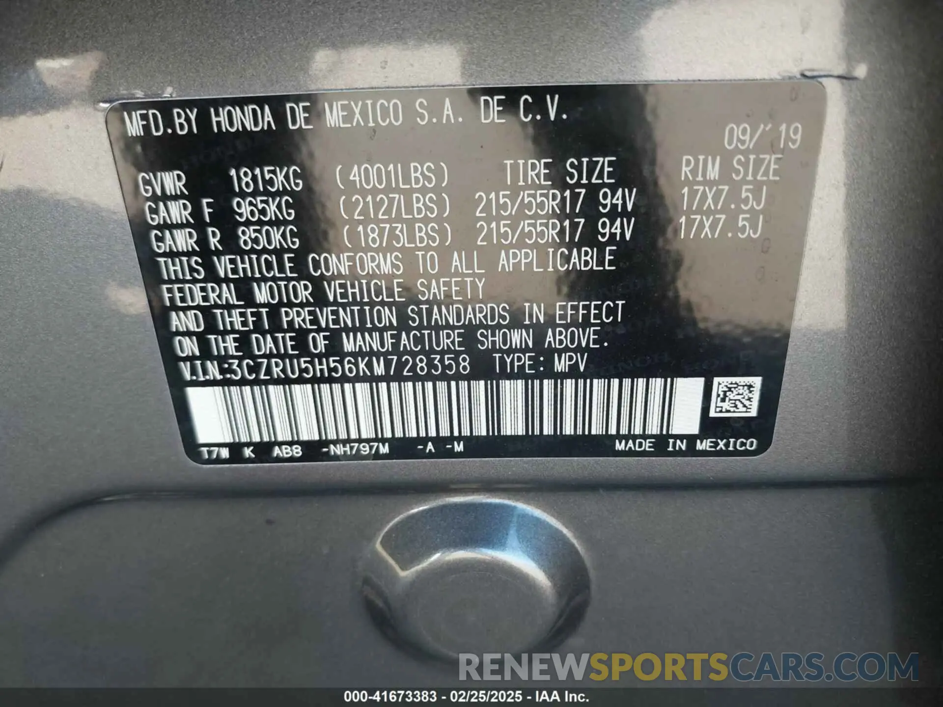 9 fotografías del automóvil dañado 3CZRU5H56KM728358 HONDA HR-V 2019