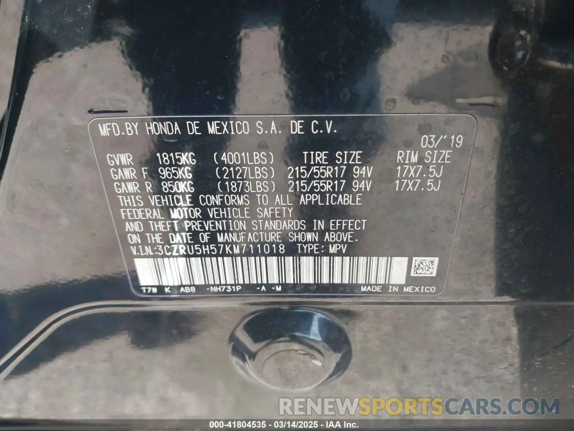 9 fotografías del automóvil dañado 3CZRU5H57KM711018 HONDA HR-V 2019