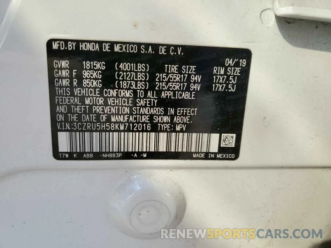 13 fotografías del automóvil dañado 3CZRU5H58KM712016 HONDA HR-V 2019
