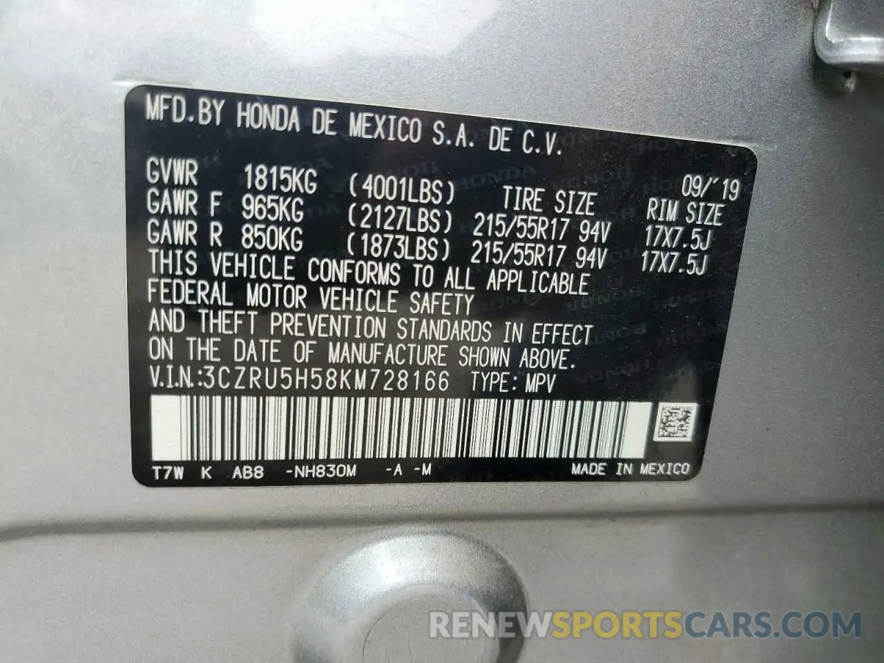 15 fotografías del automóvil dañado 3CZRU5H58KM728166 HONDA HR-V 2019
