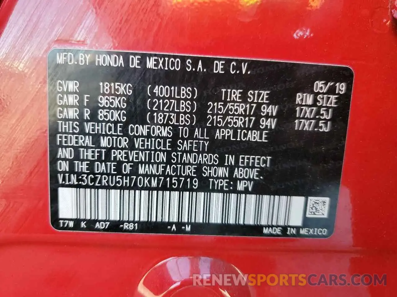 16 fotografías del automóvil dañado 3CZRU5H70KM715719 HONDA HR-V 2019