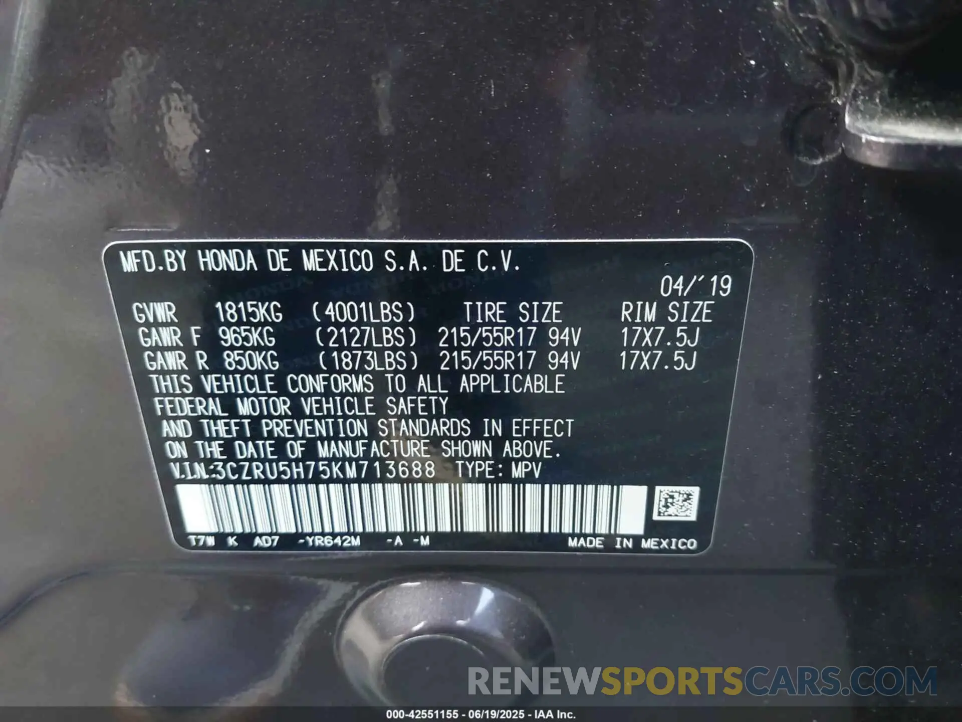 9 fotografías del automóvil dañado 3CZRU5H75KM713688 HONDA HR-V 2019