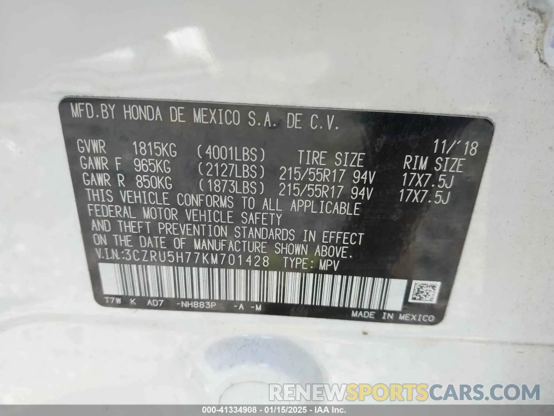 9 fotografías del automóvil dañado 3CZRU5H77KM701428 HONDA HR-V 2019