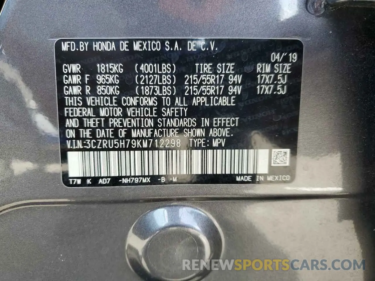 12 fotografías del automóvil dañado 3CZRU5H79KM712298 HONDA HR-V 2019