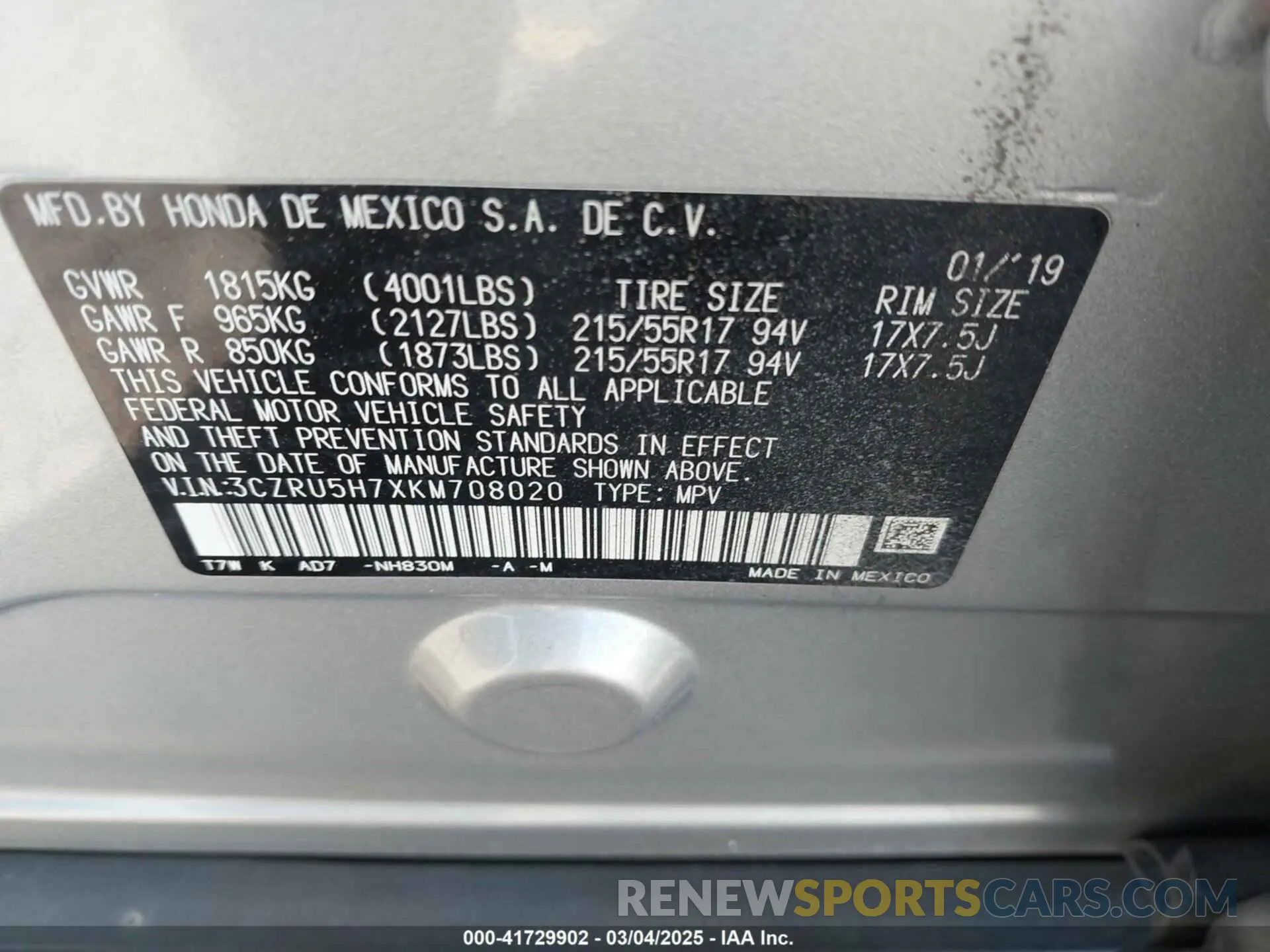 9 fotografías del automóvil dañado 3CZRU5H7XKM708020 HONDA HR-V 2019