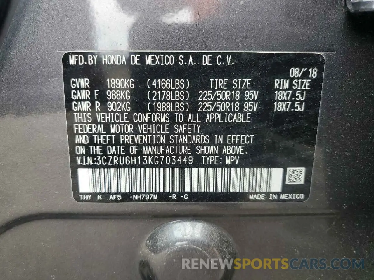 13 fotografías del automóvil dañado 3CZRU6H13KG703449 HONDA HR-V 2019