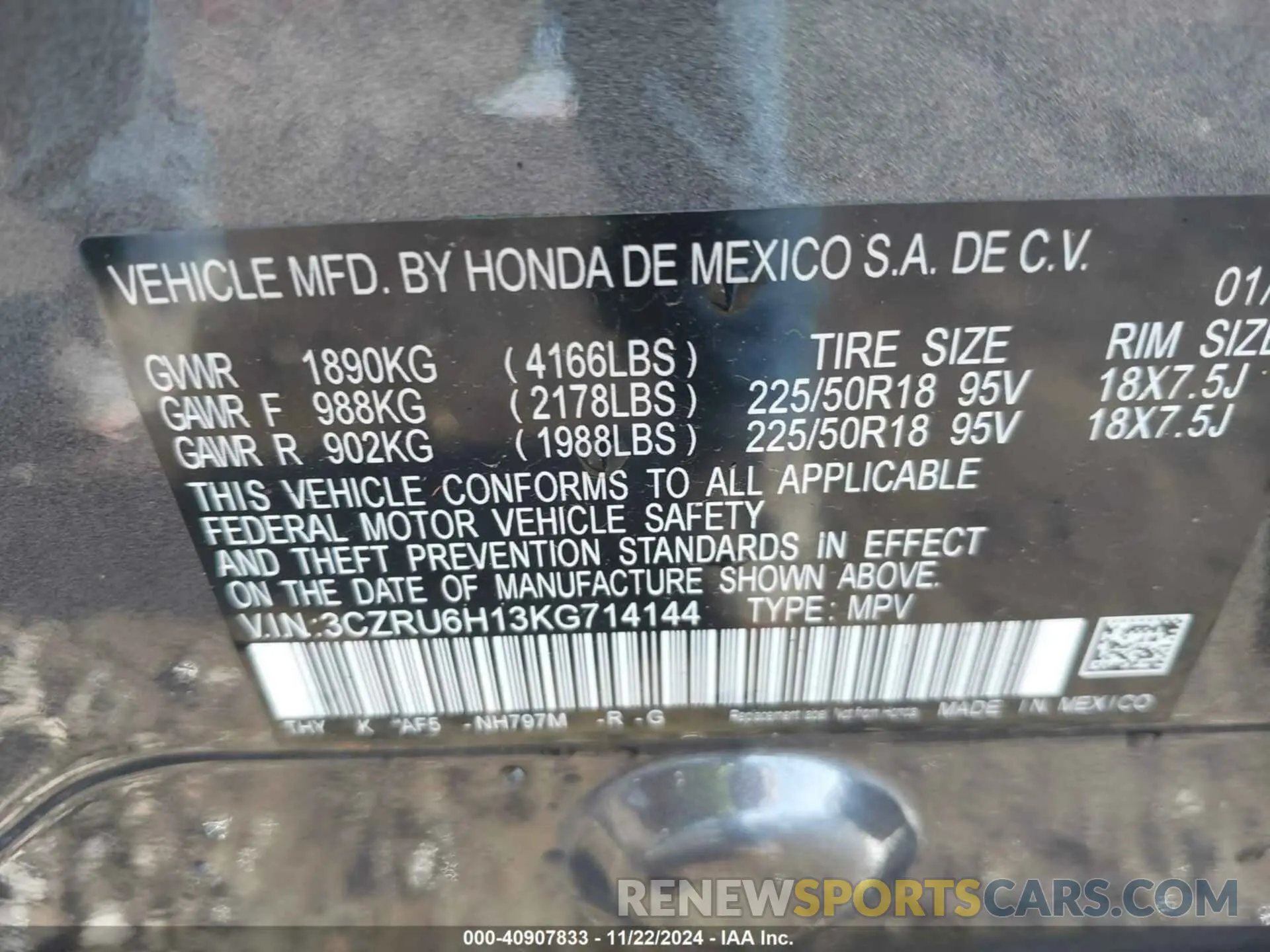 9 fotografías del automóvil dañado 3CZRU6H13KG714144 HONDA HR-V 2019