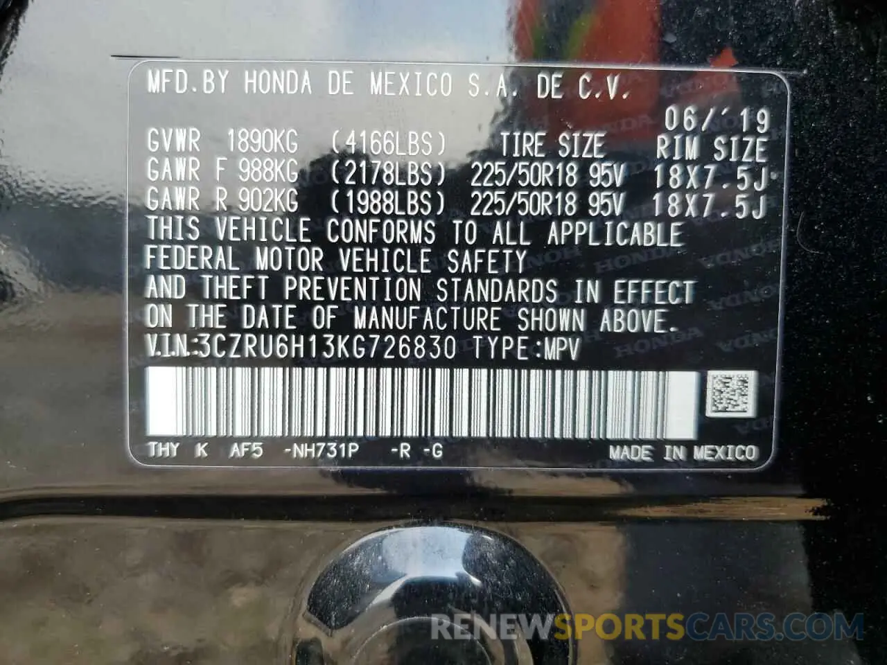 15 fotografías del automóvil dañado 3CZRU6H13KG726830 HONDA HR-V 2019