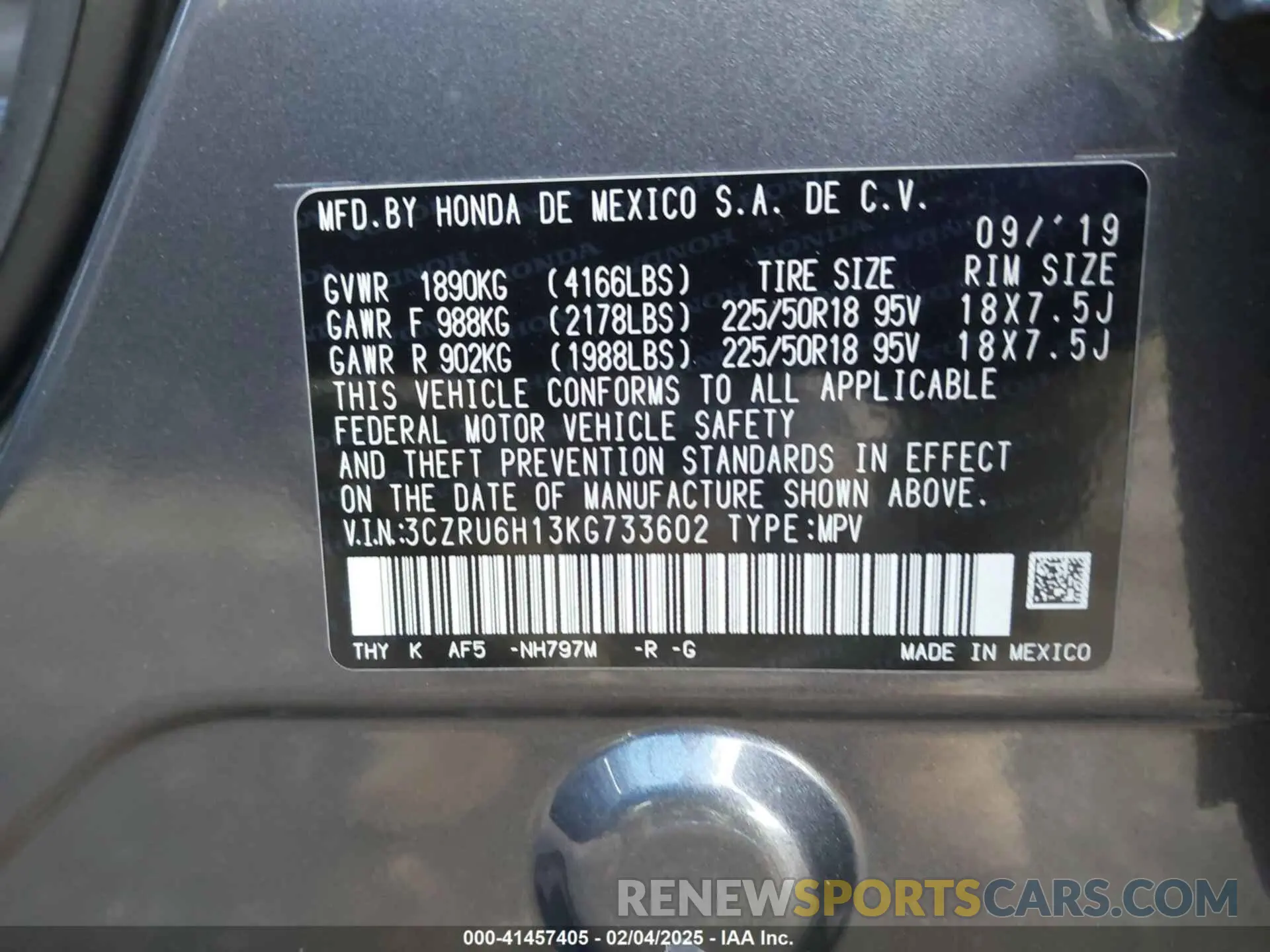 9 fotografías del automóvil dañado 3CZRU6H13KG733602 HONDA HR-V 2019