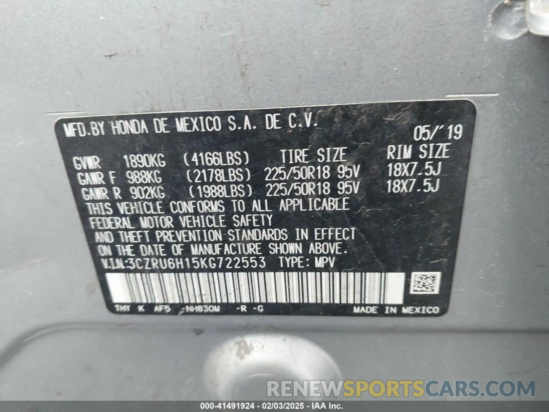 9 fotografías del automóvil dañado 3CZRU6H15KG722553 HONDA HR-V 2019