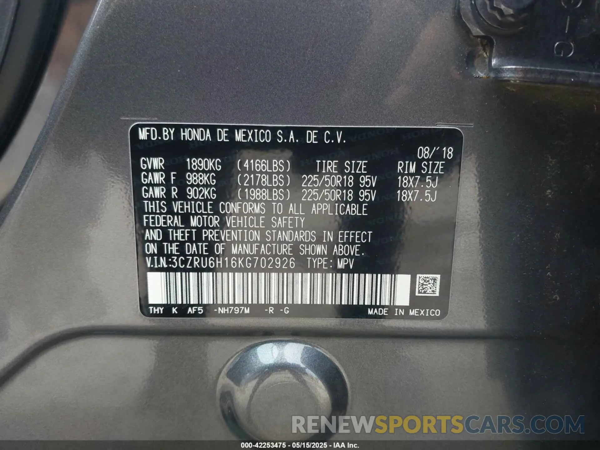 9 fotografías del automóvil dañado 3CZRU6H16KG702926 HONDA HR-V 2019