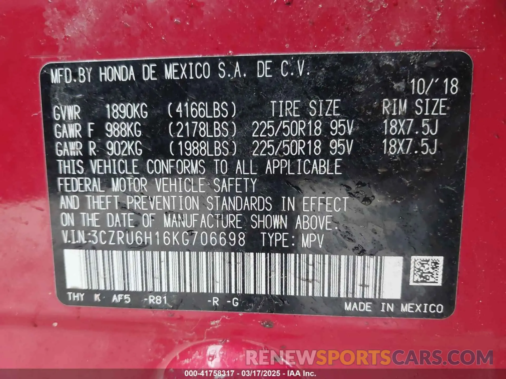 9 fotografías del automóvil dañado 3CZRU6H16KG706698 HONDA HR-V 2019