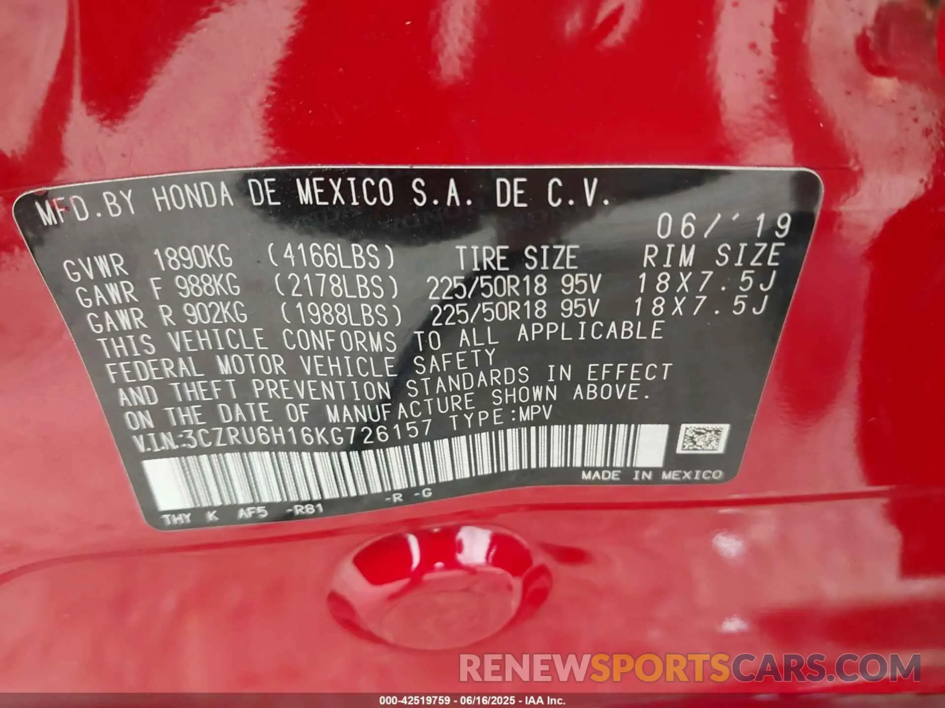 9 fotografías del automóvil dañado 3CZRU6H16KG726157 HONDA HR-V 2019