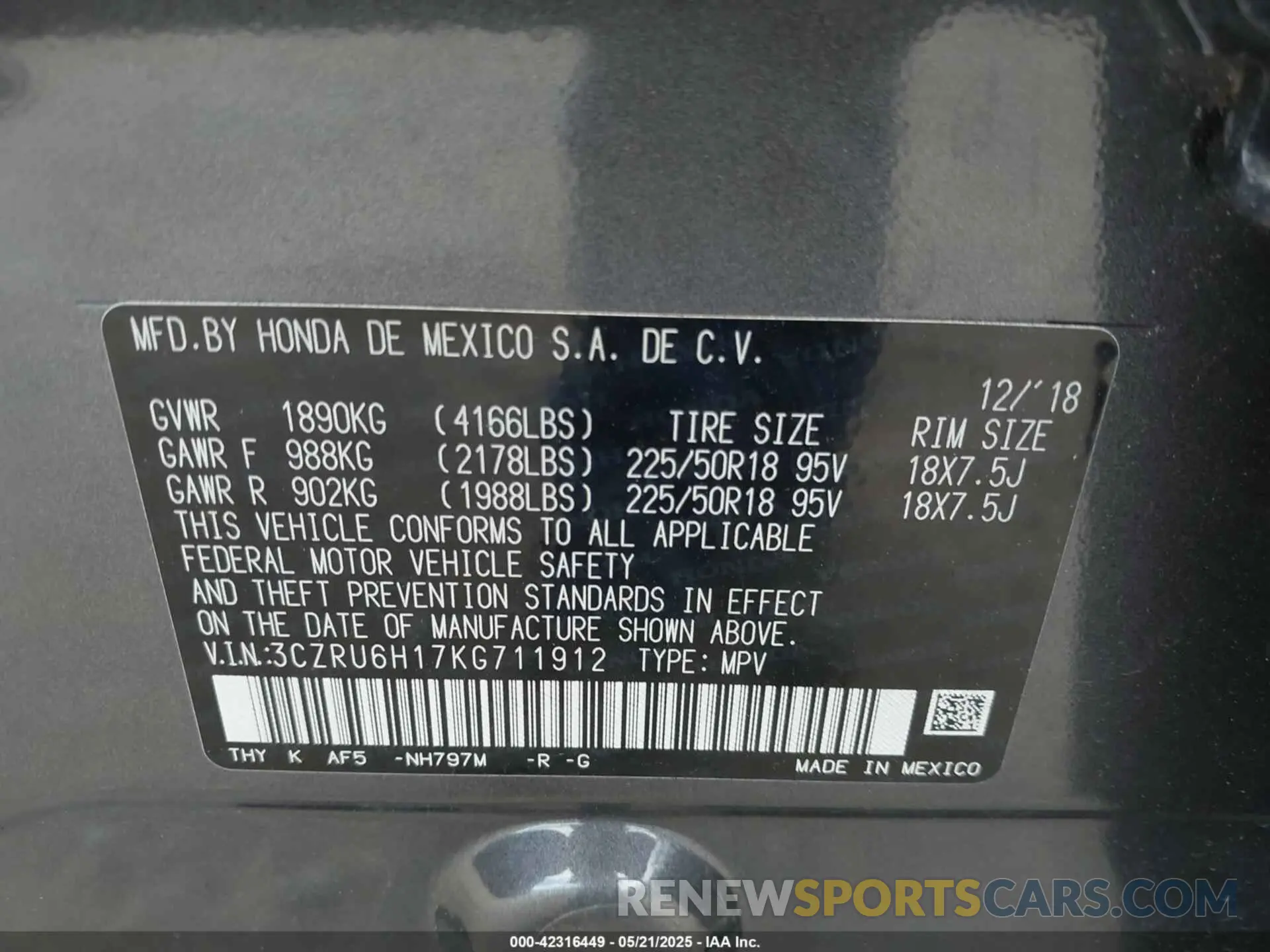 9 fotografías del automóvil dañado 3CZRU6H17KG711912 HONDA HR-V 2019