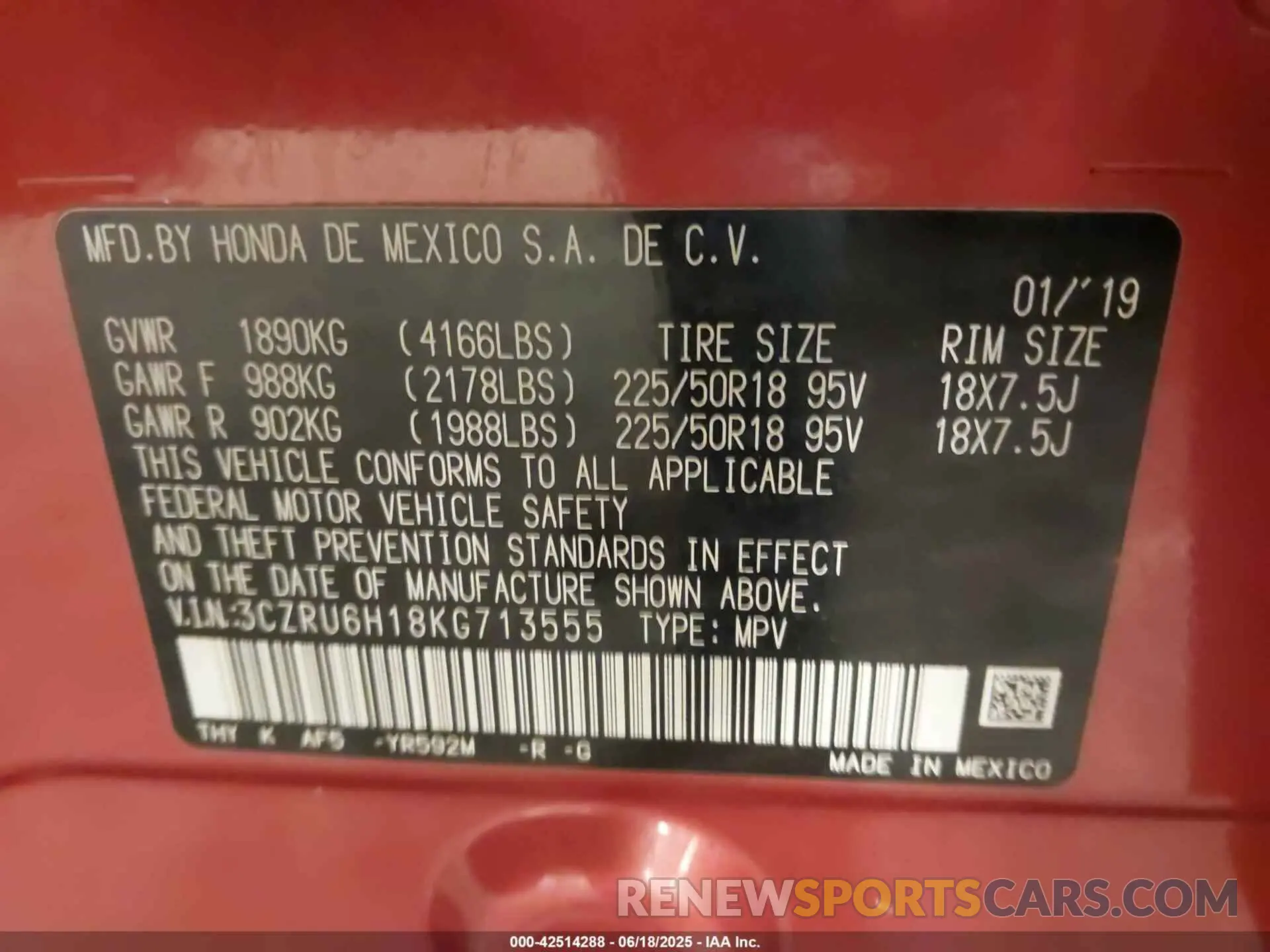 9 fotografías del automóvil dañado 3CZRU6H18KG713555 HONDA HR-V 2019