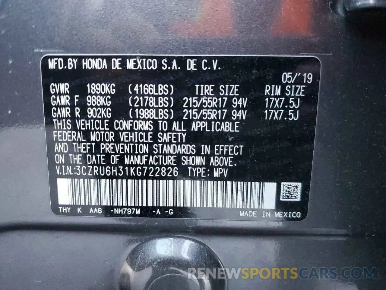 12 fotografías del automóvil dañado 3CZRU6H31KG722826 HONDA HR-V 2019